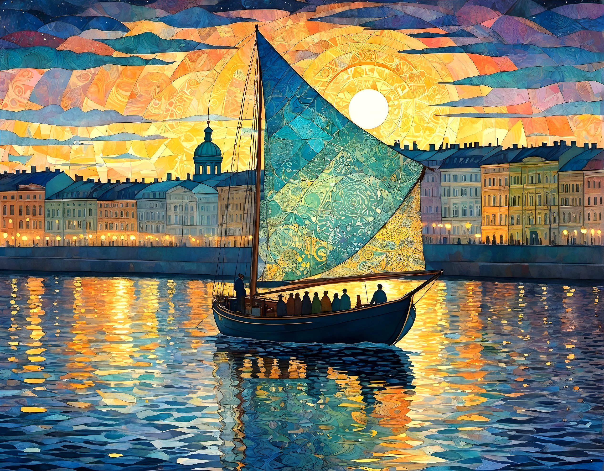 Sailboat on Shimmering Waters at Sunset Scene