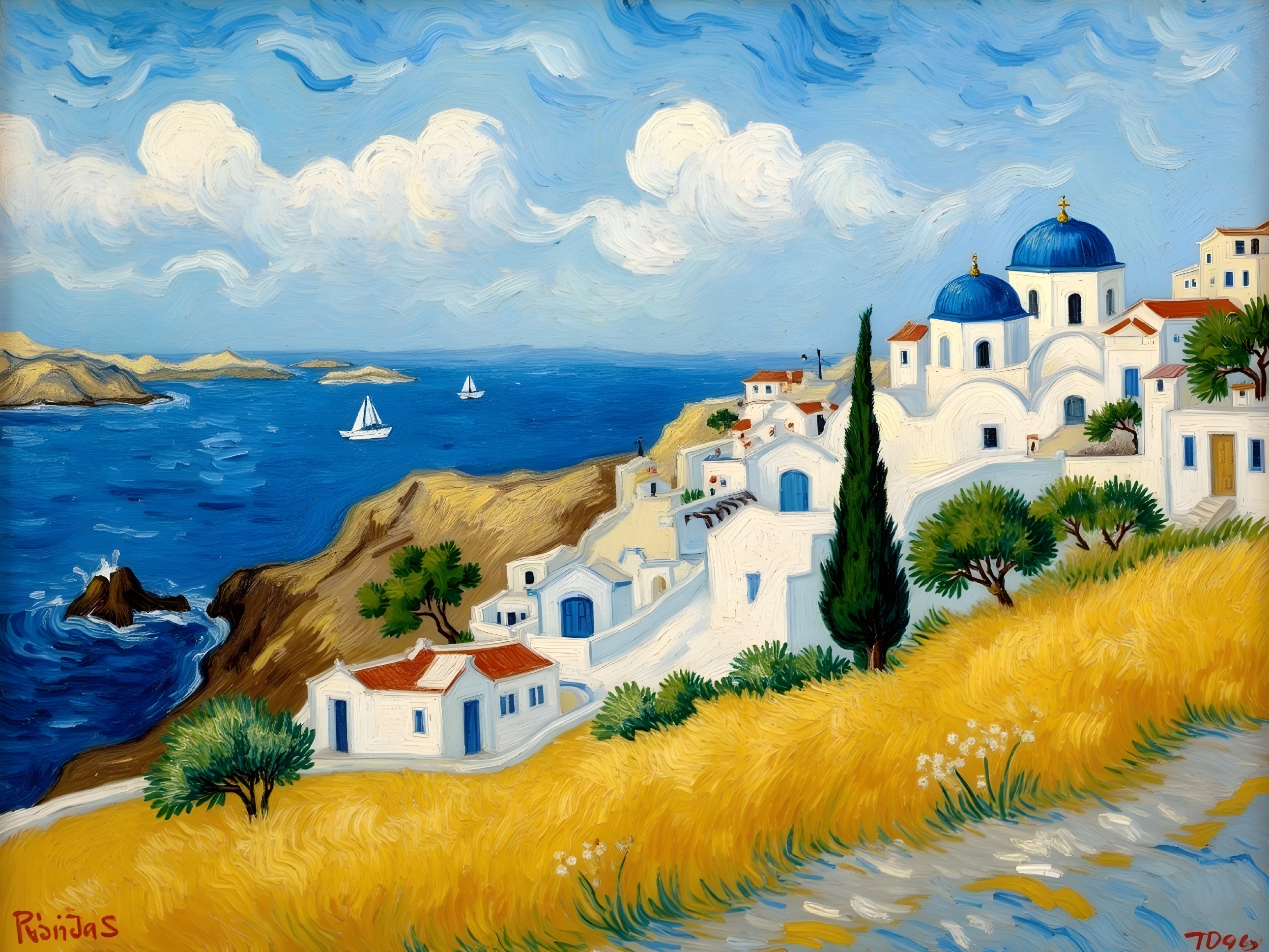 Vibrant Coastal Scene with Whitewashed Buildings and Sea