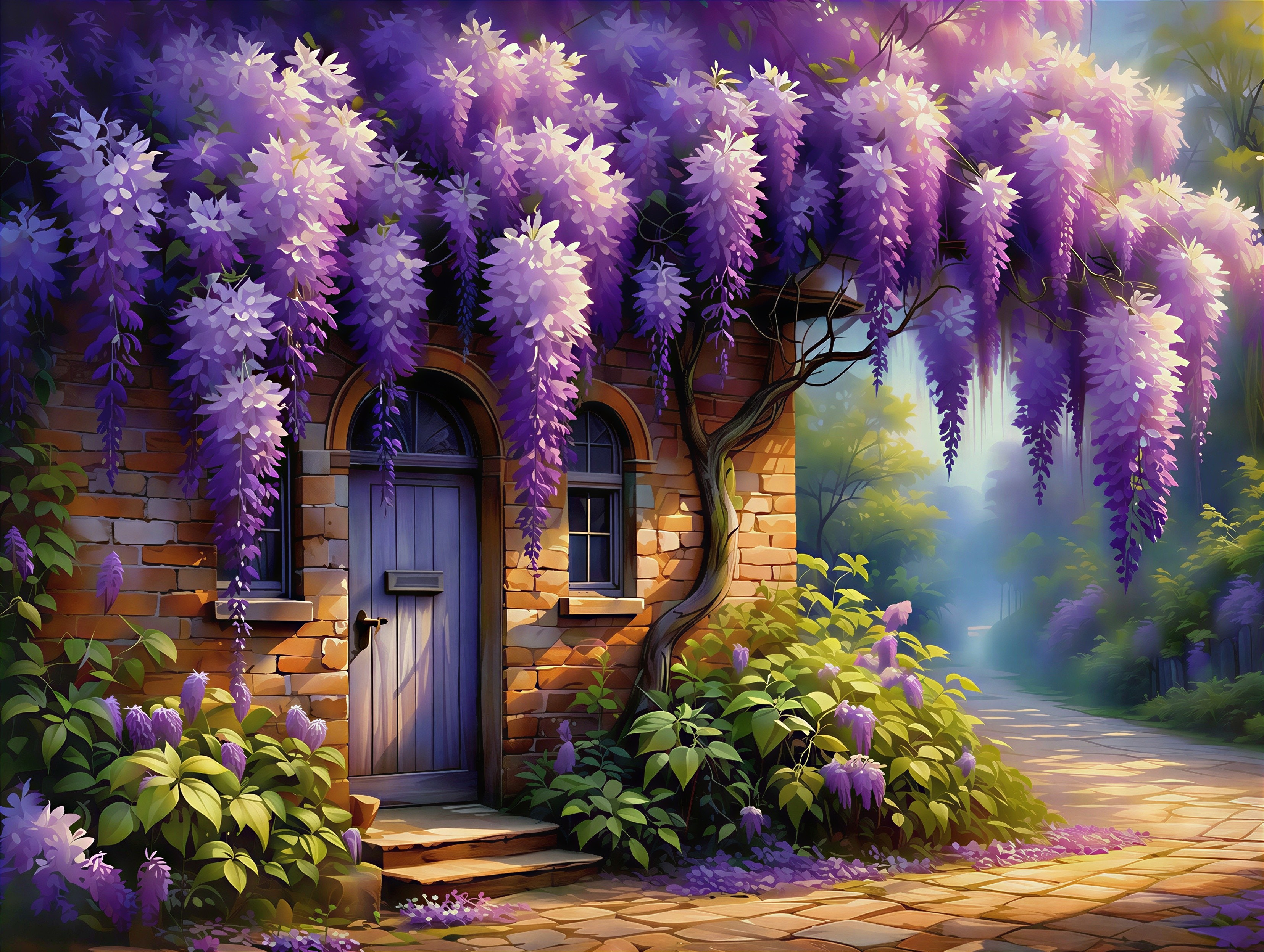 Charming Brick House Surrounded by Purple Wisteria