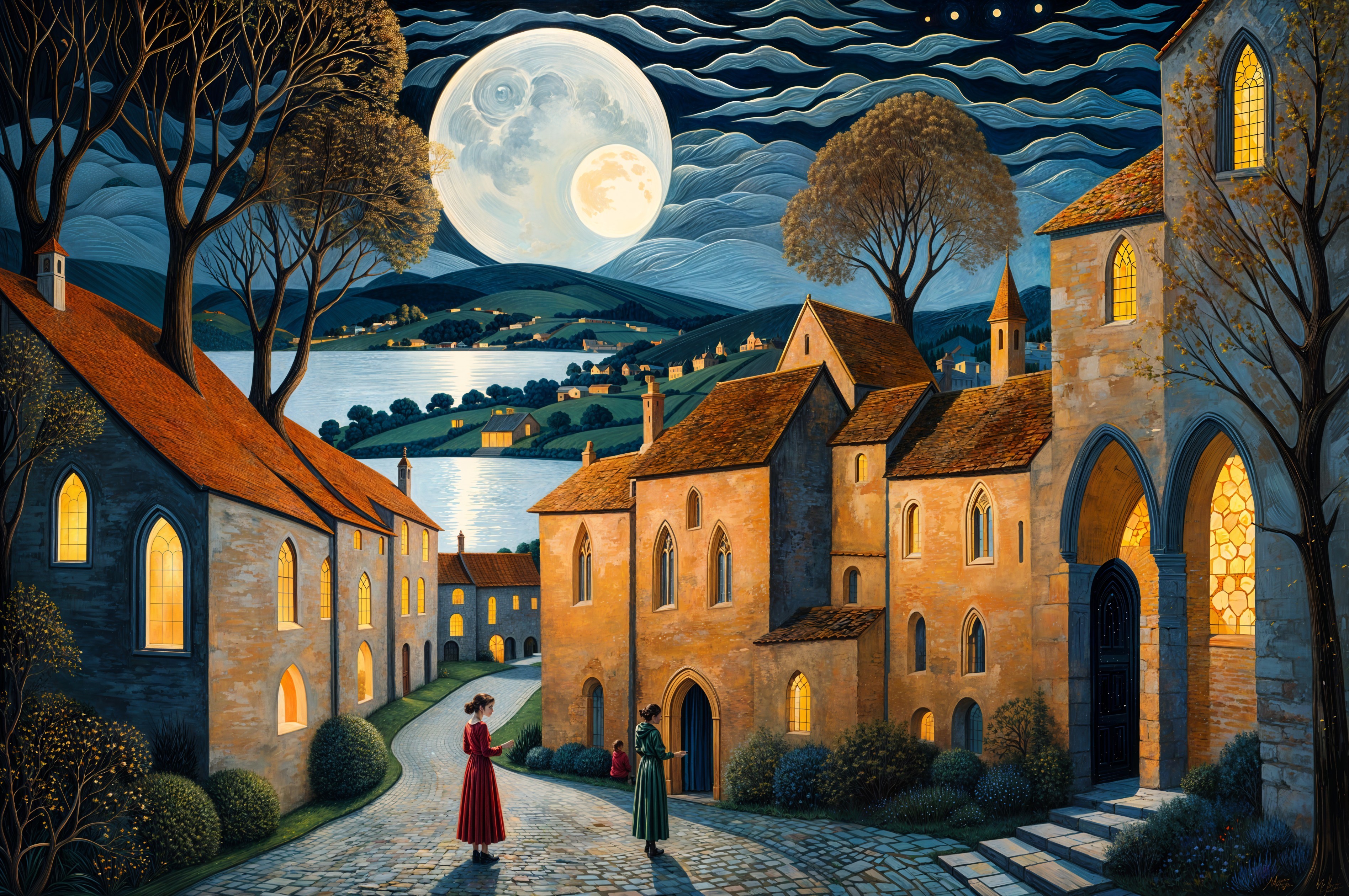 Twilight Scene in a Charming Village with Moonlight