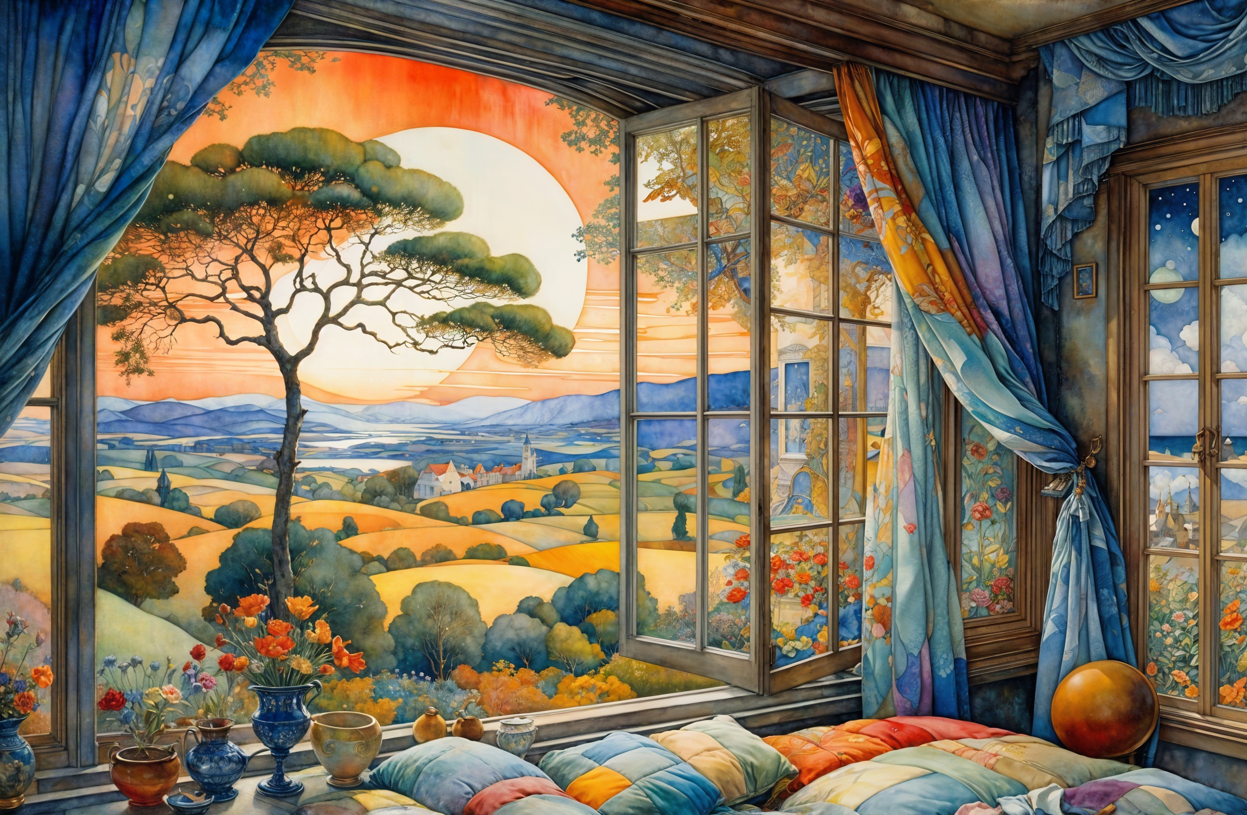 Cozy Room with Patchwork Quilt and Sunset View