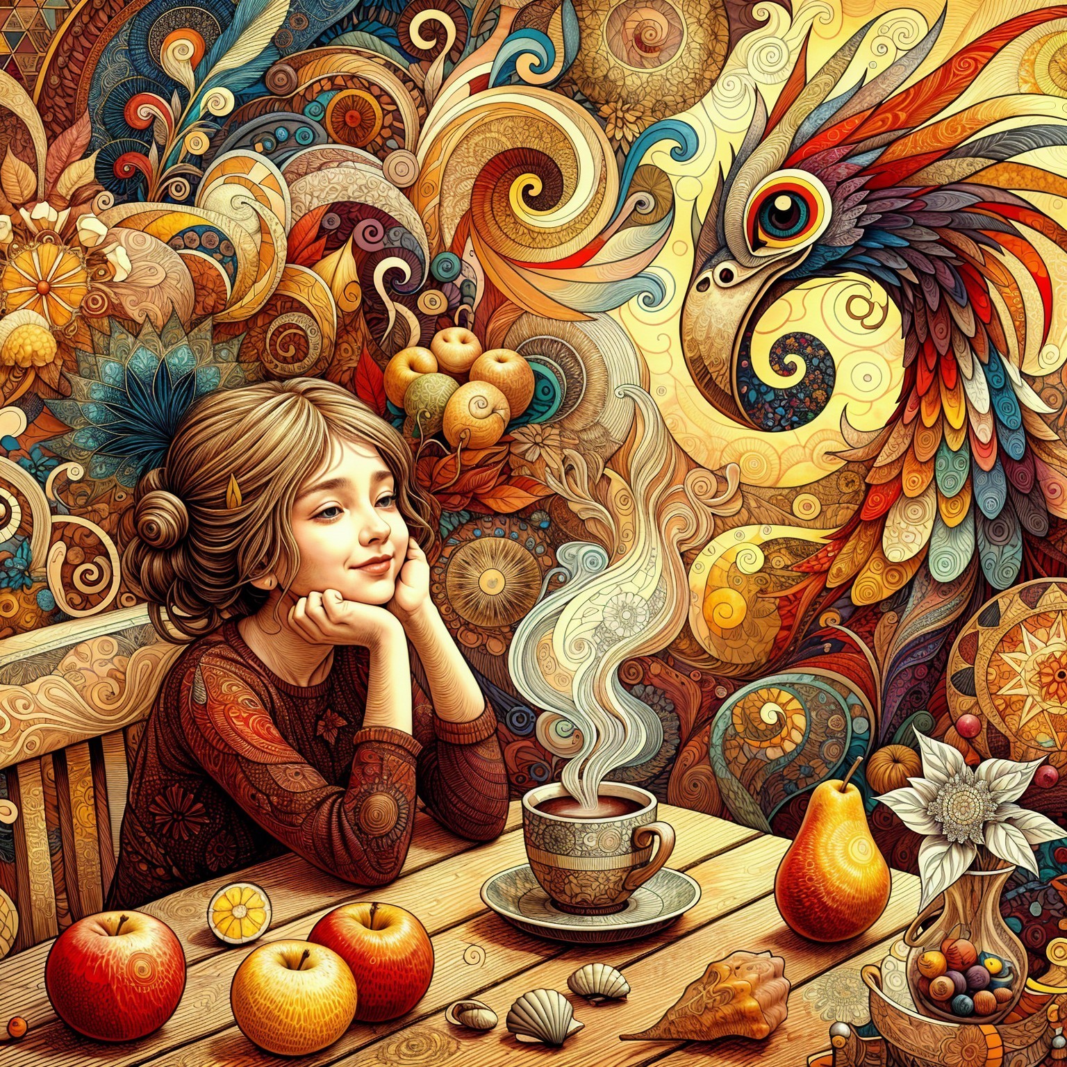 Young girl at table with coffee and vibrant tapestry