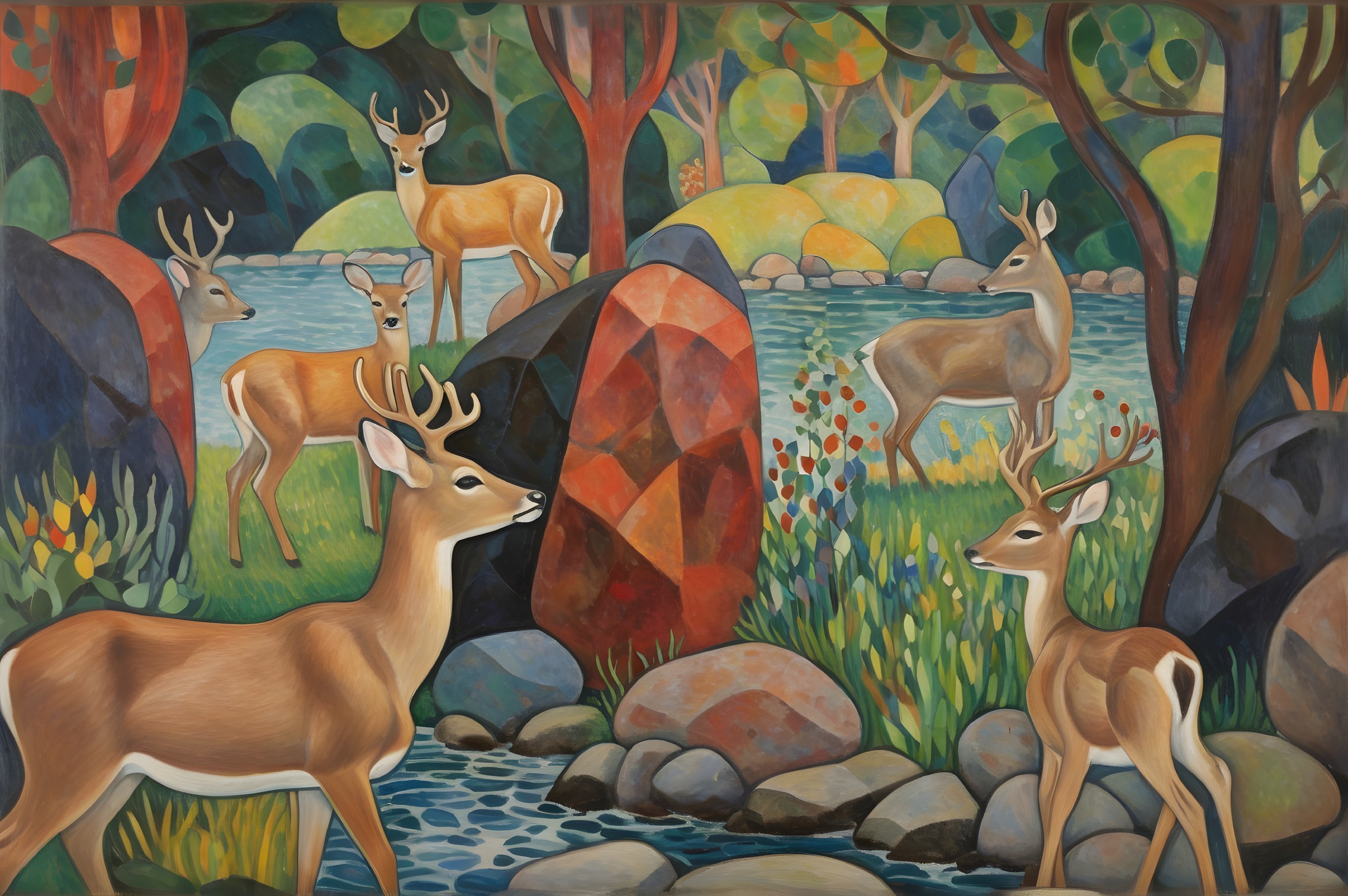 Vibrant Landscape with Deer and Flowing Stream