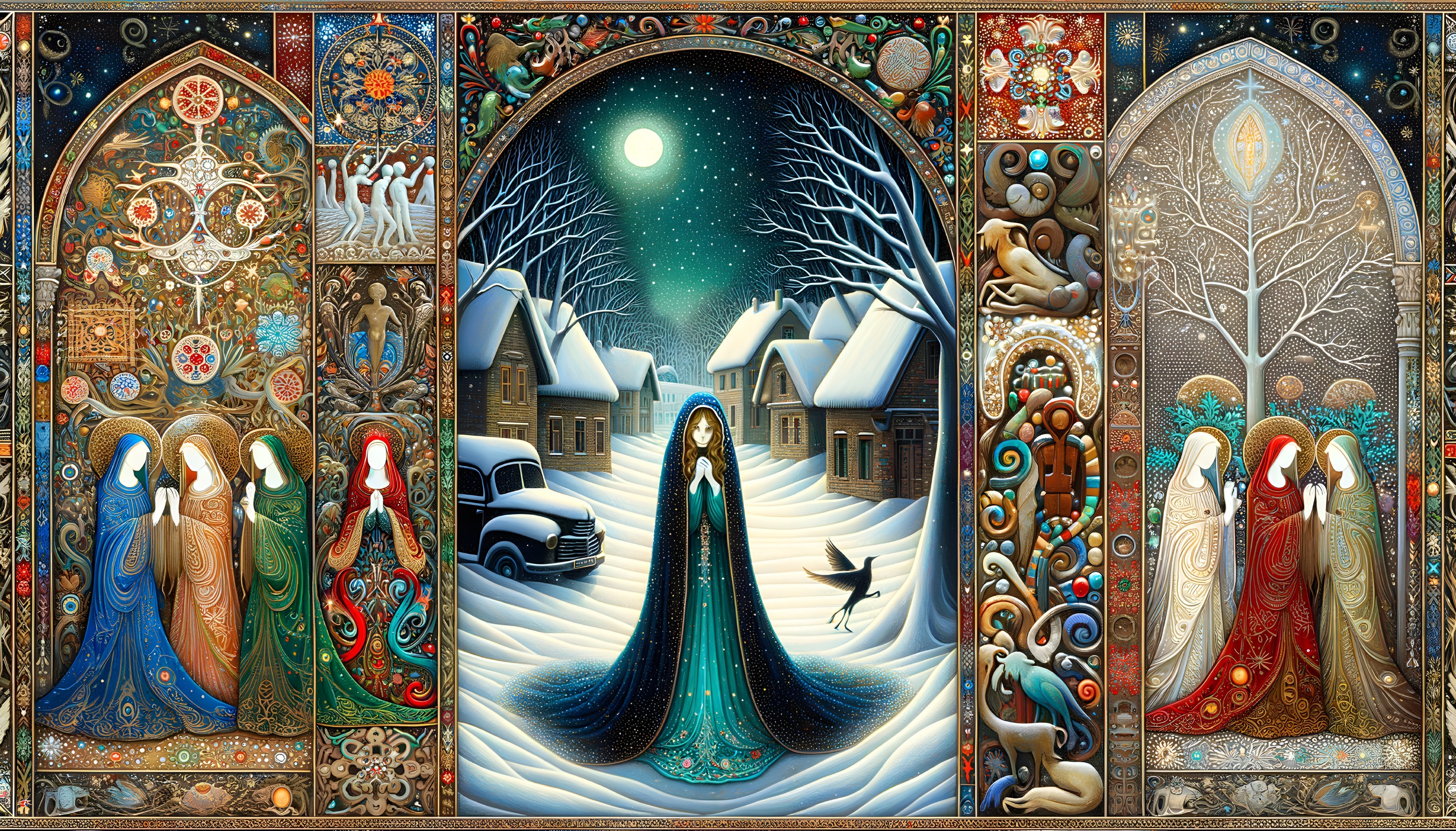 Snowy Village Scene Flanked by Angelic Figures and Botanical Designs