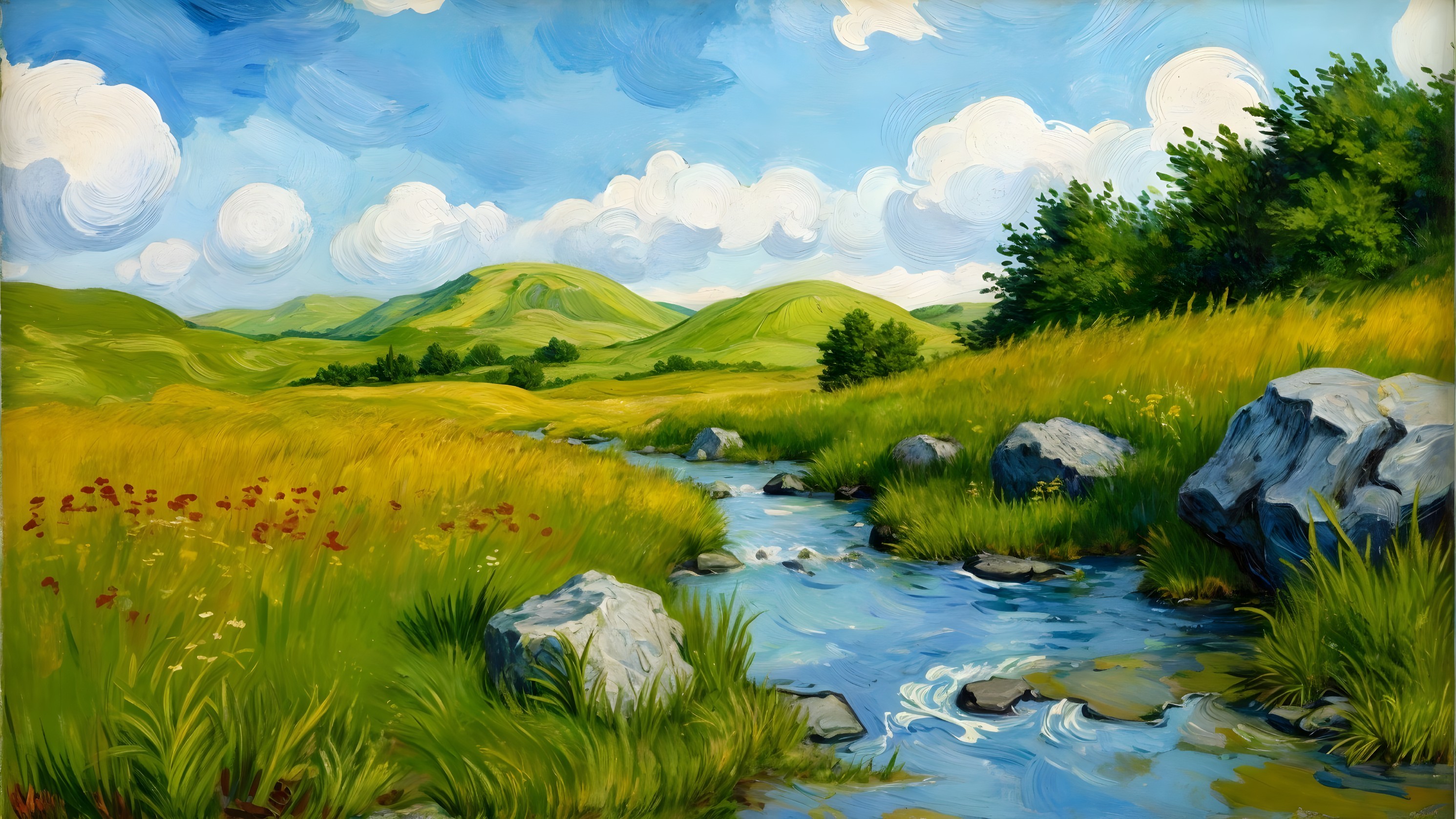 Vibrant Landscape with Green Hills and Stream