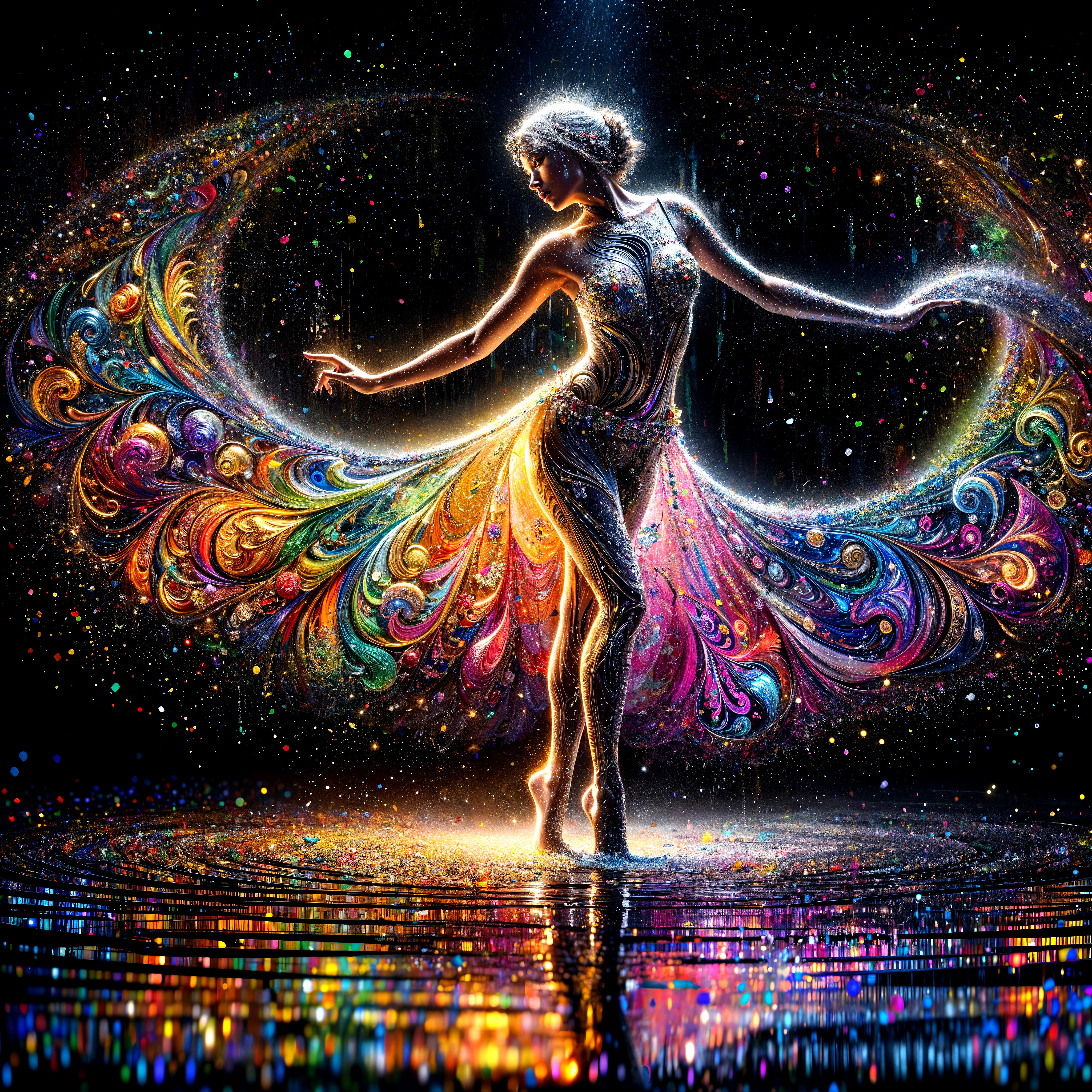 Dancer in Colorful Patterns Against Starry Background
