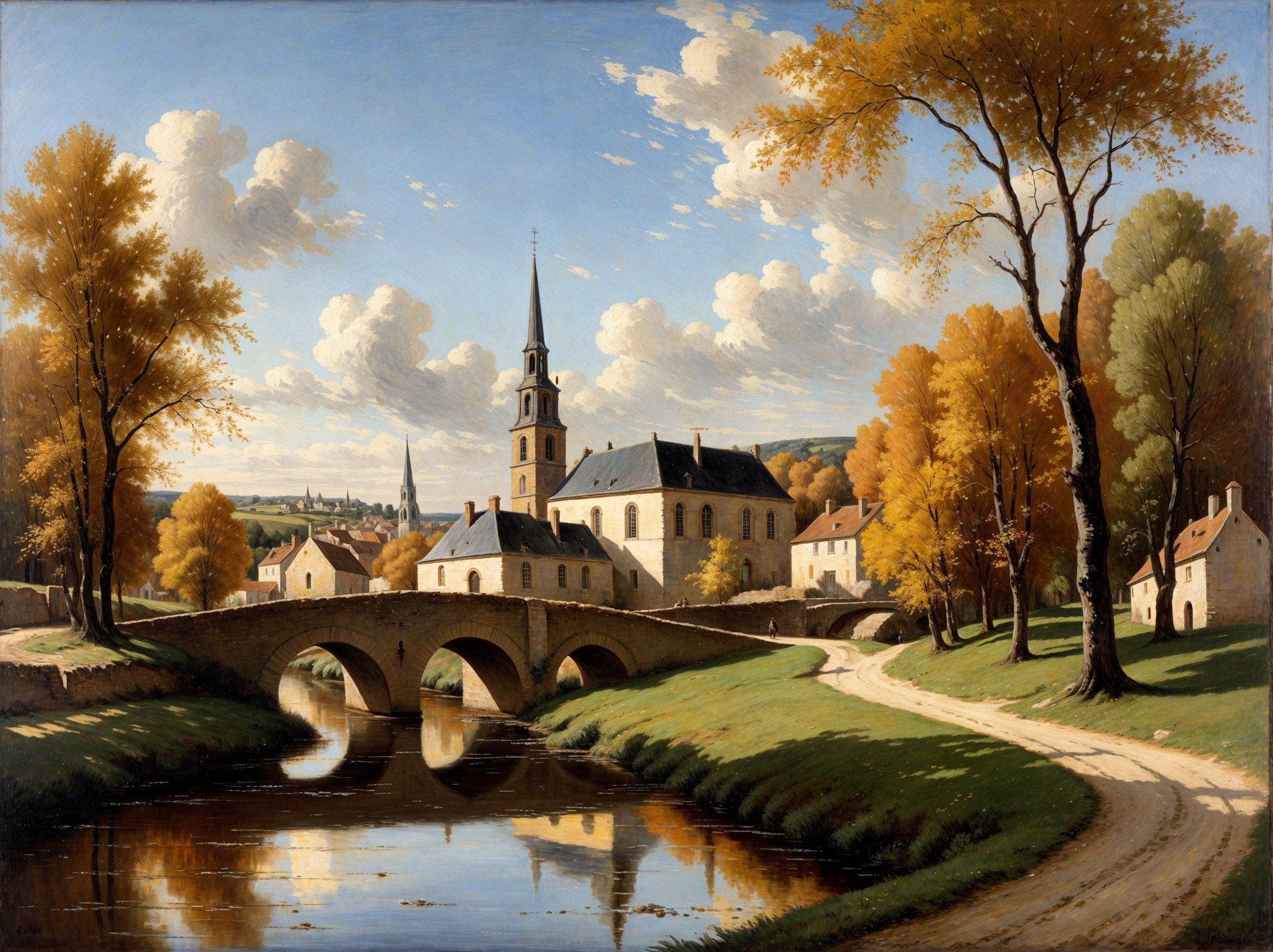 Autumn Village Landscape with River and Stone Bridge