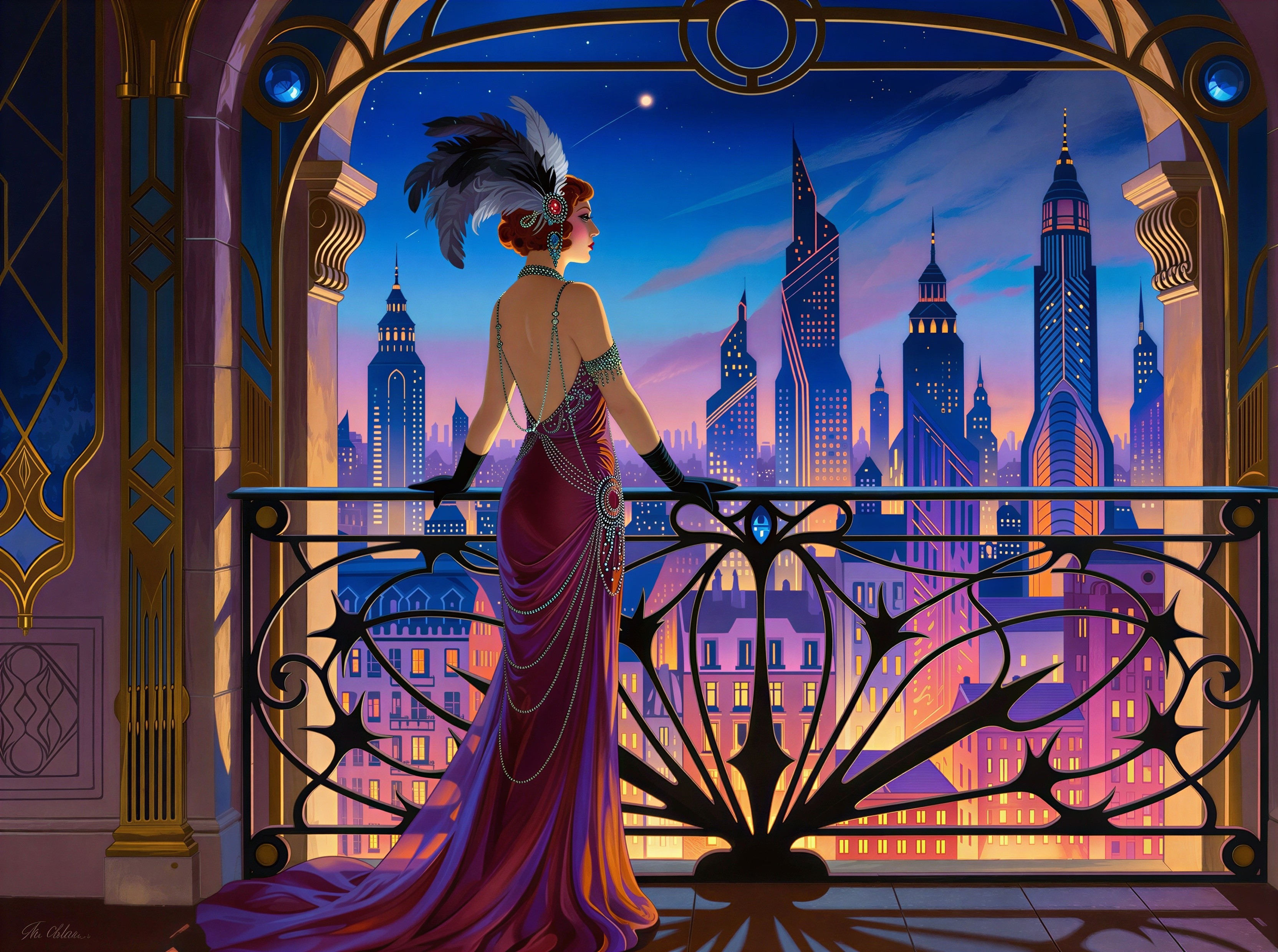 Art Deco Woman in Red Dress Against City Skyline
