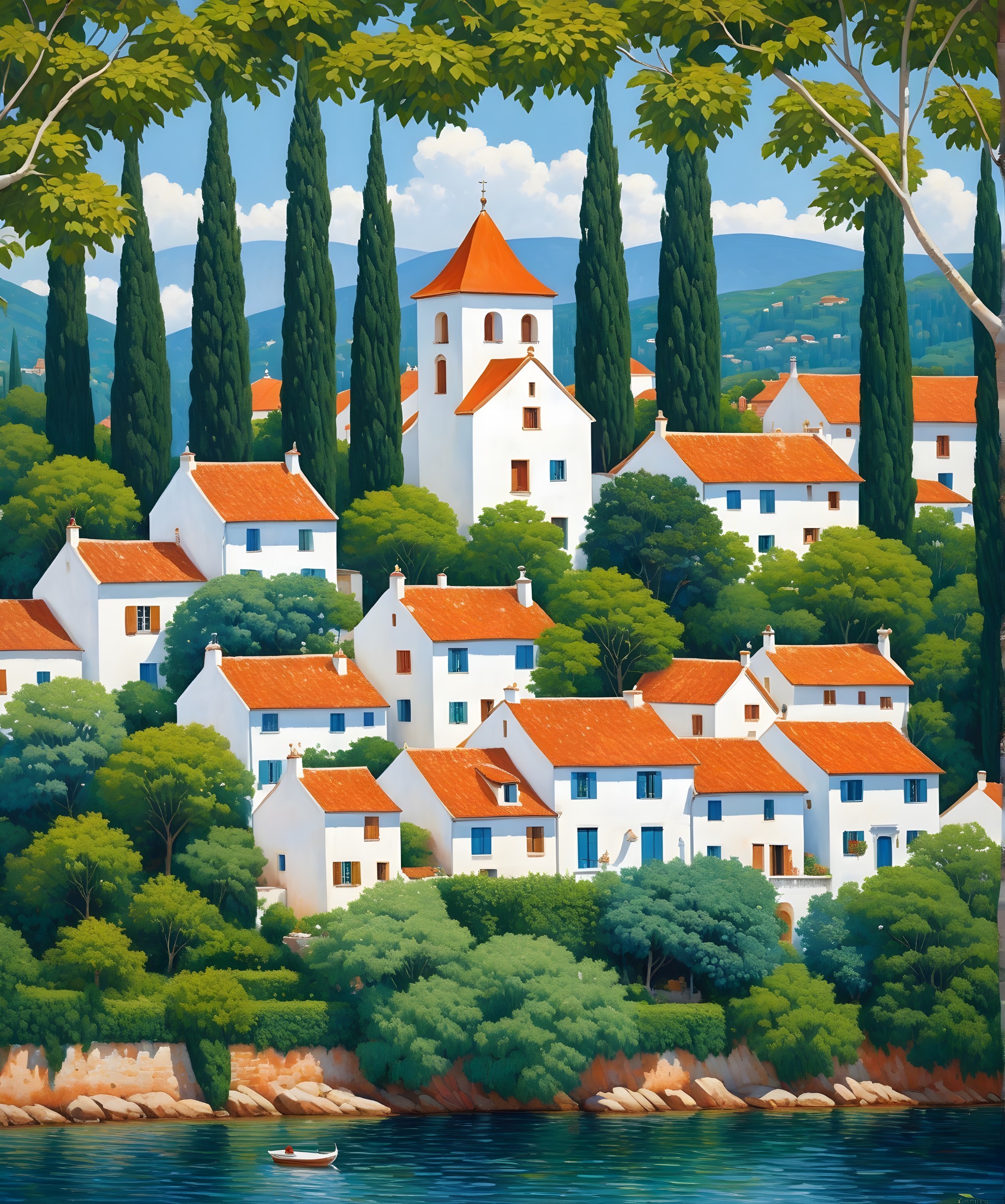 Scenic Village with Cypress Trees and Tranquil Waters