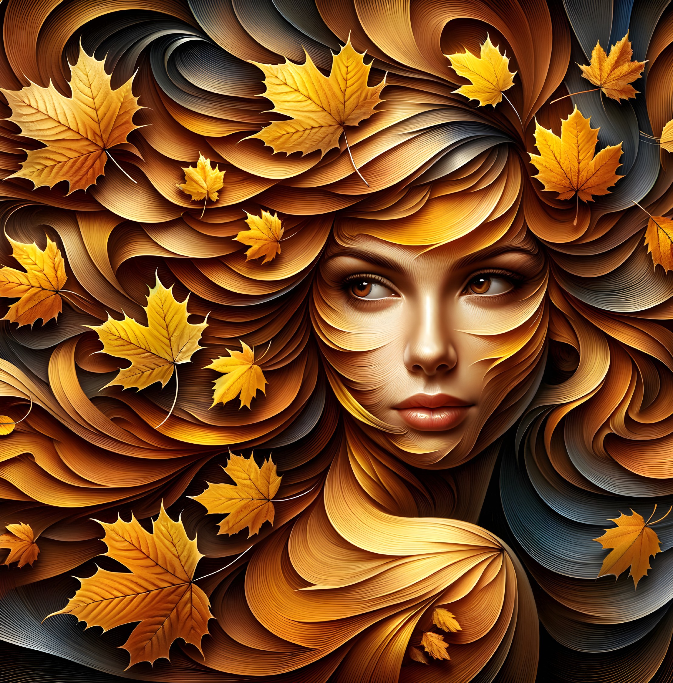 Intricate Artwork of Woman's Face with Autumn Hair