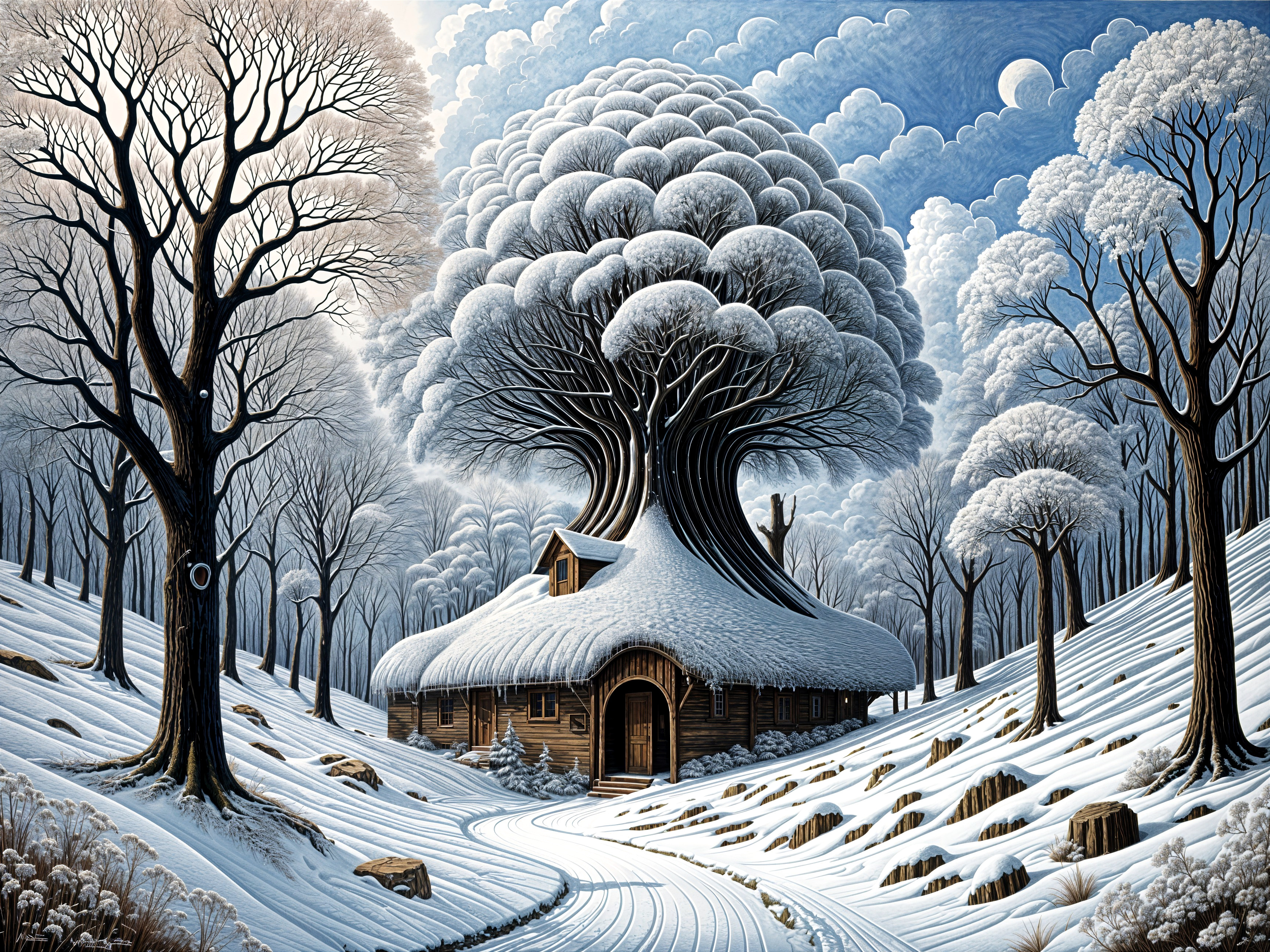 Whimsical Wooden Cottage in a Snowy Landscape