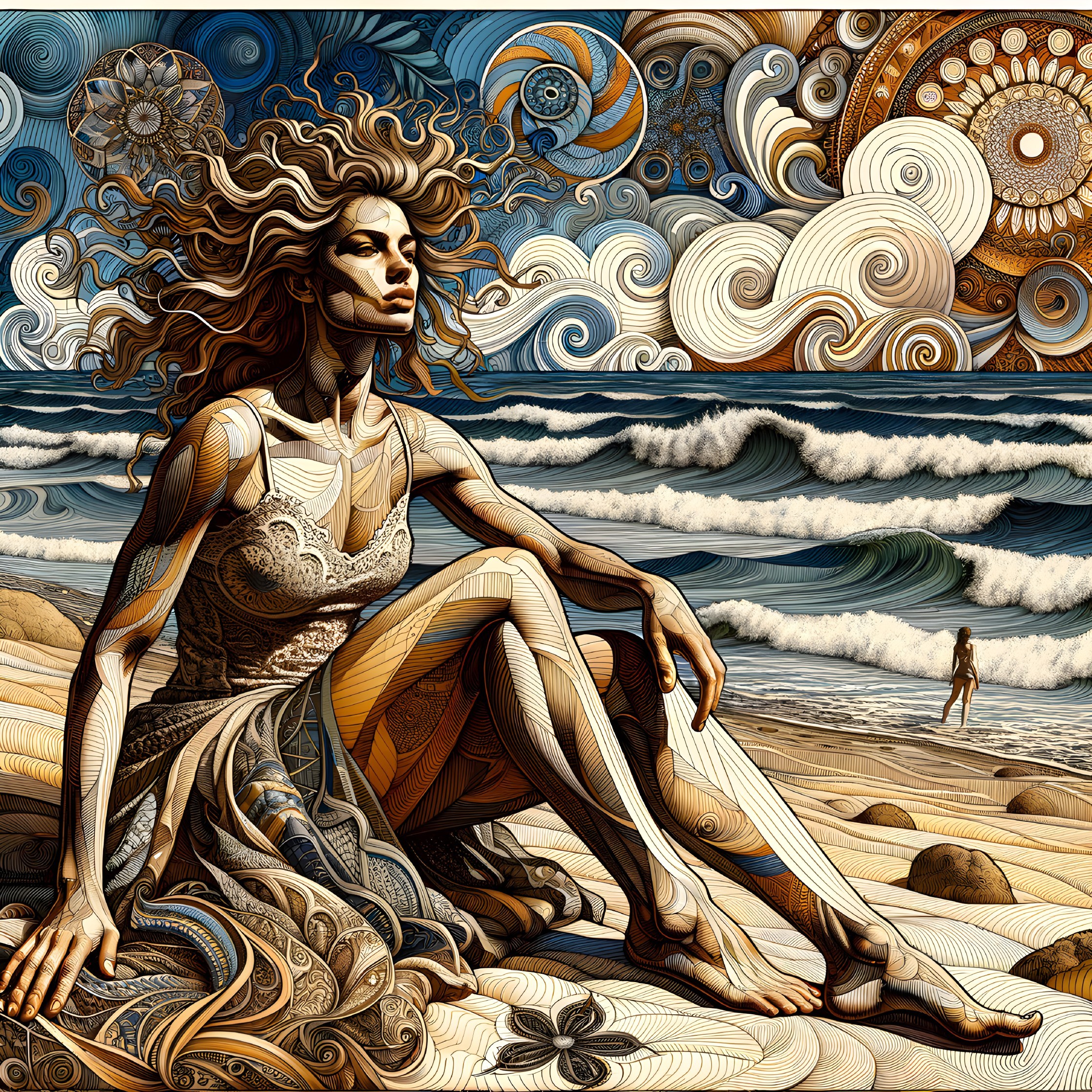 Stylized Woman on Beach with Ocean Waves and Patterns