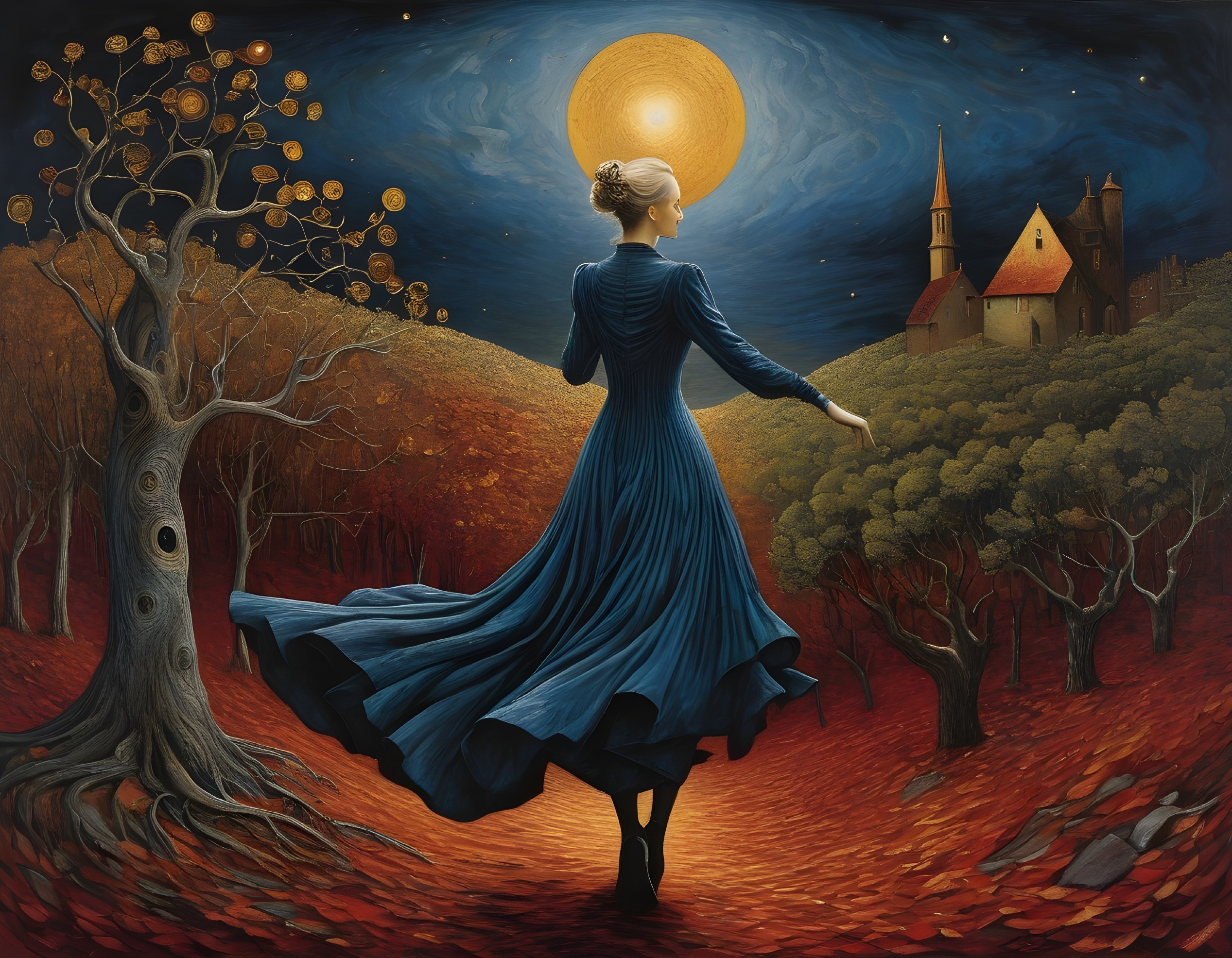 Woman dancing in blue dress under golden moon in mystical autumn landscape