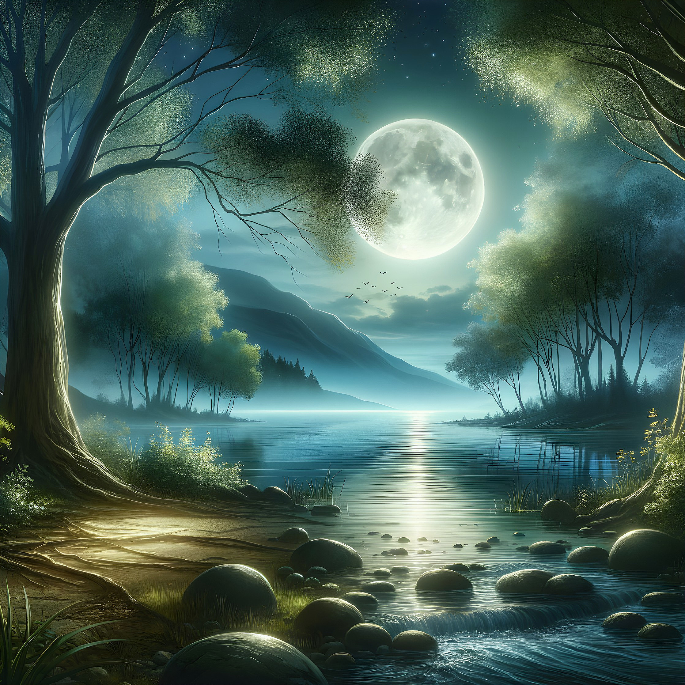 Moonlit Landscape with Calm Lake and Lush Trees