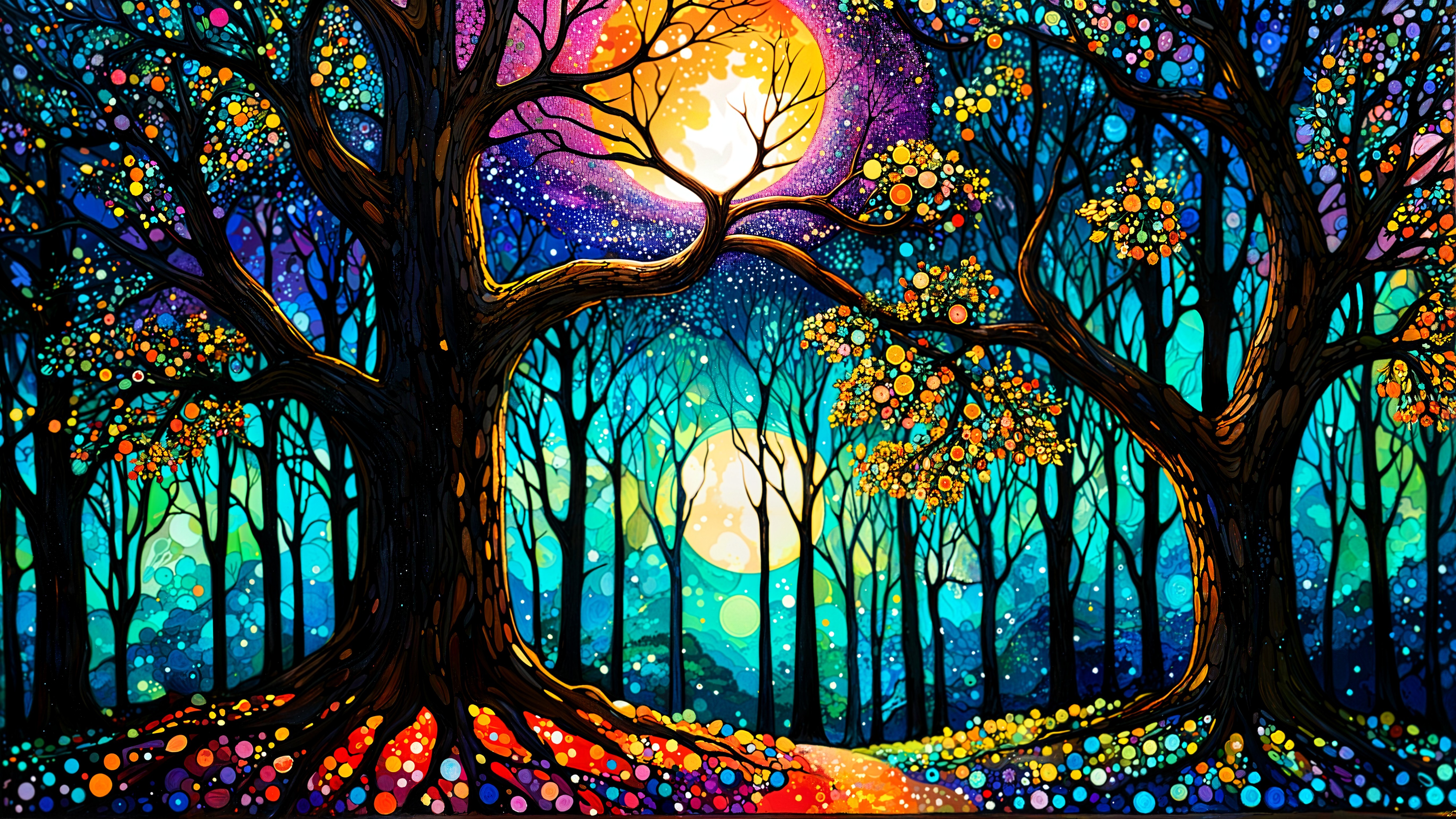 Surreal Landscape with Colorful Trees and Cosmic Backdrop