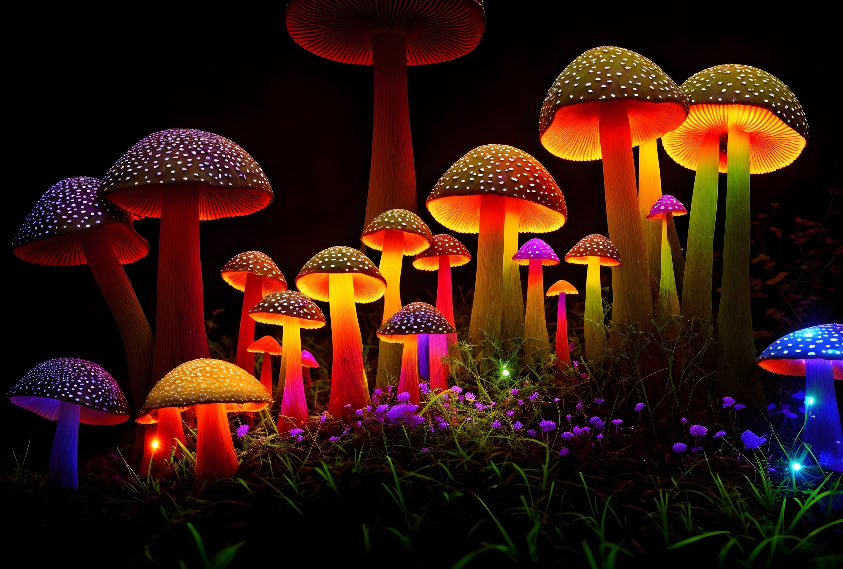 Colorful Oversized Fantasy Mushrooms Illuminated on Dark Background