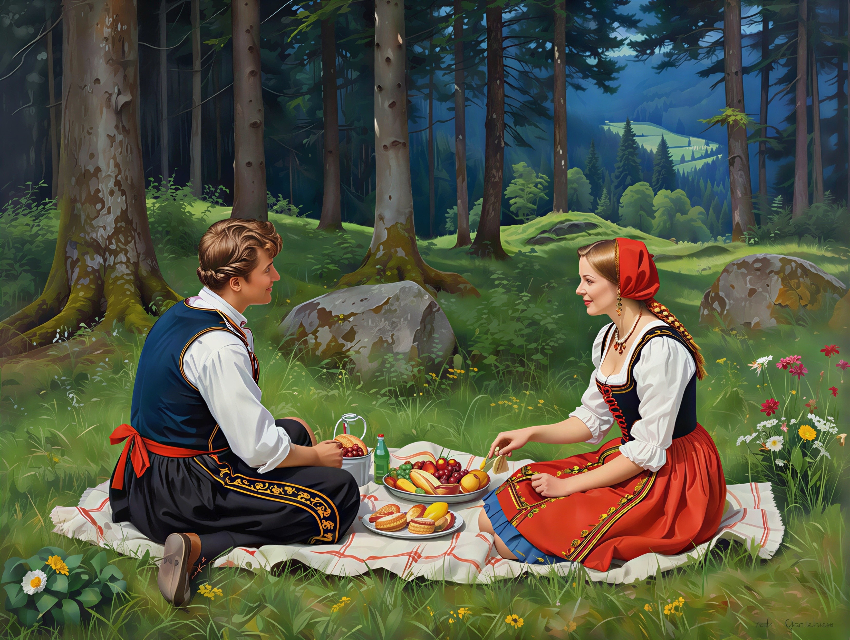 Young Couple Picnicking in Norwegian Forest Setting