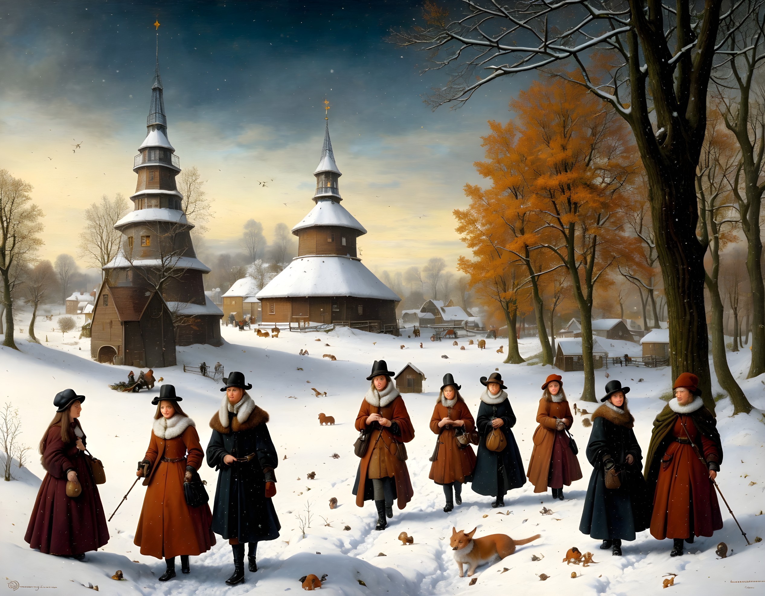 Group of People in Period Clothing Walking Through Snowy Village