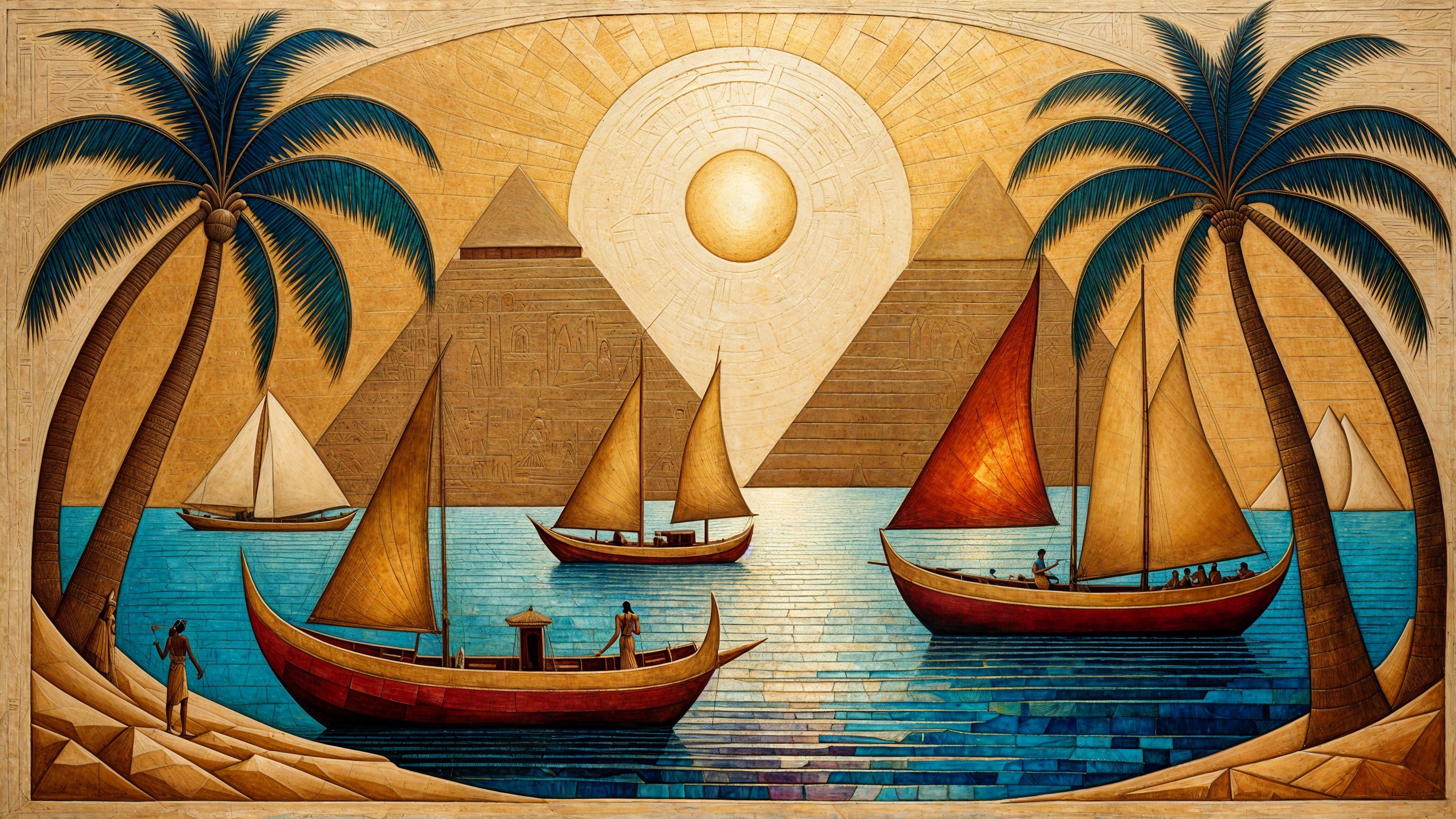 Sailboats and Pyramids in a Tranquil Landscape