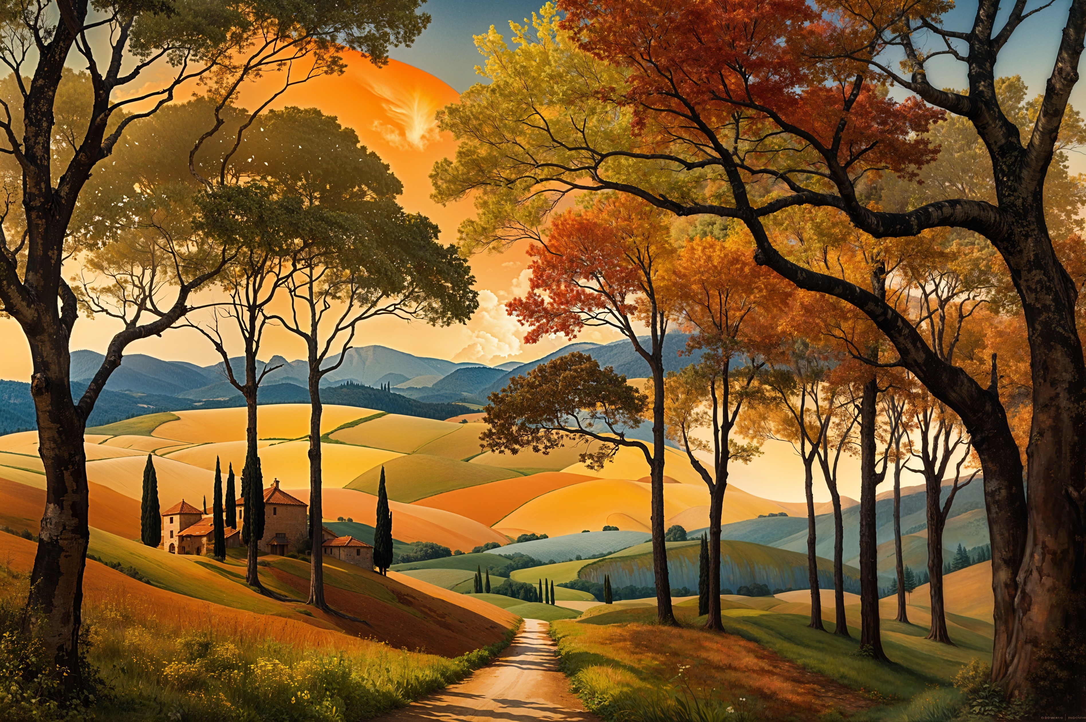 Autumn Landscape with Rolling Hills and Rustic House
