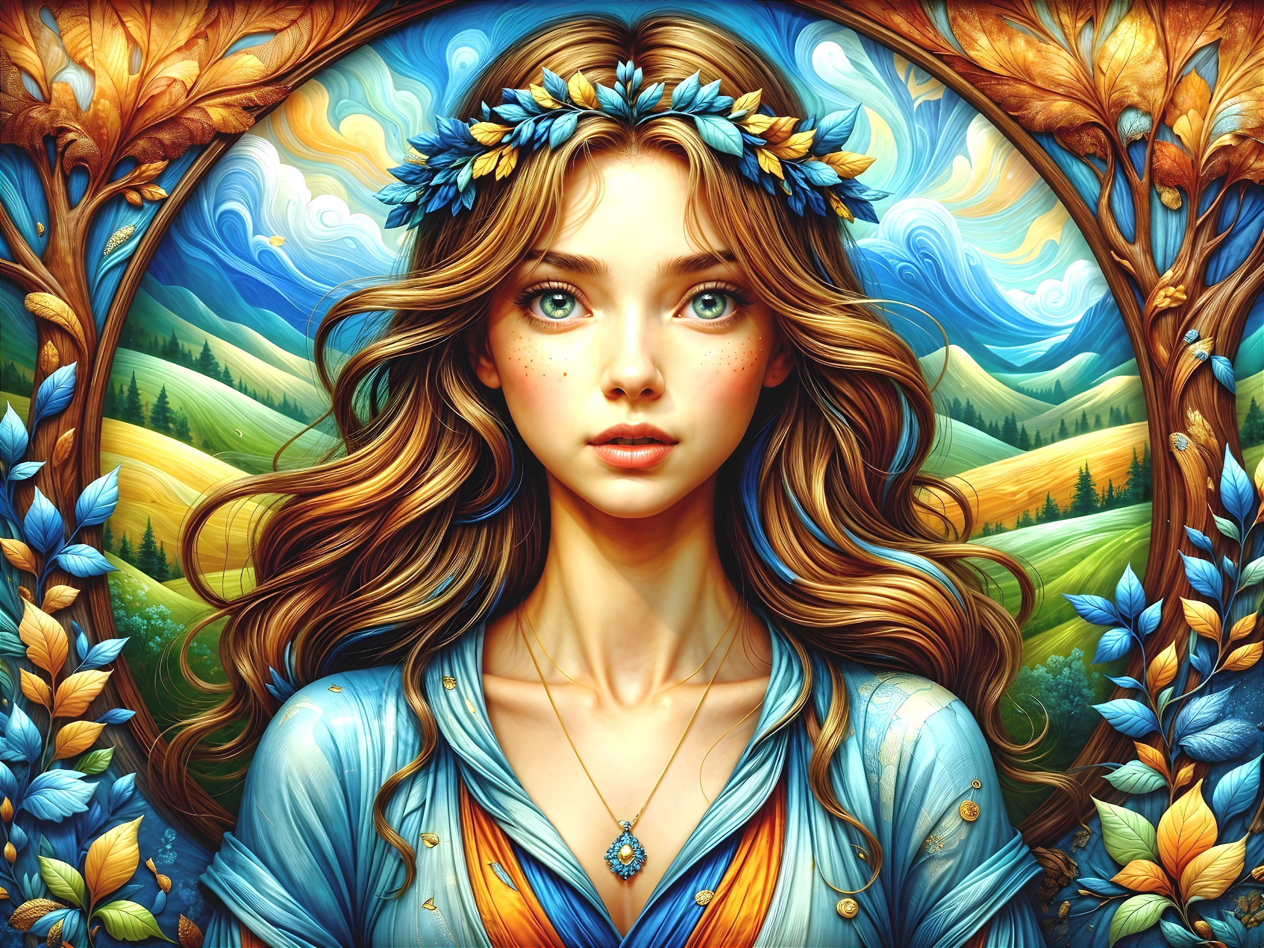 Young woman in floral crown with vibrant nature backdrop