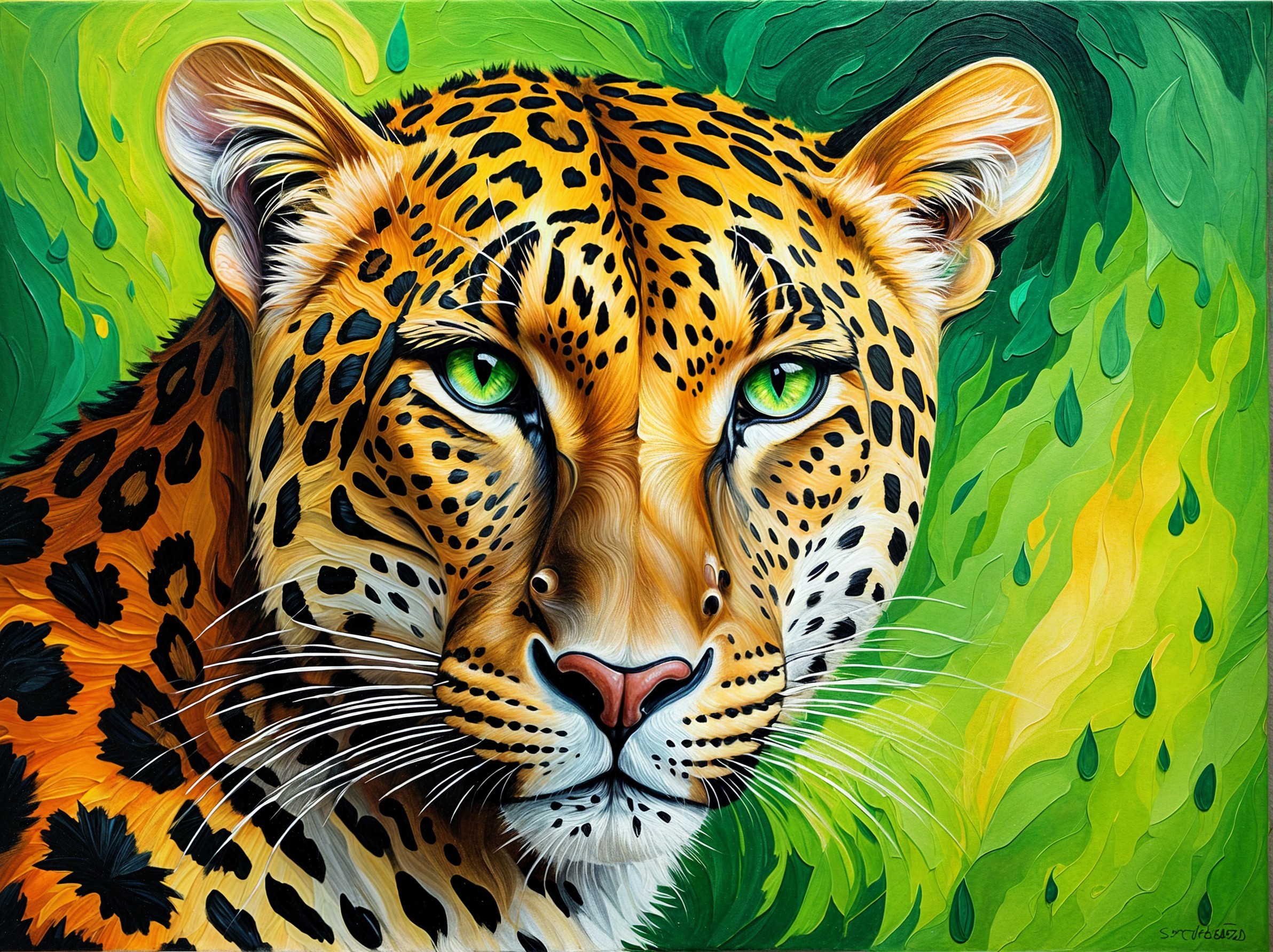Vibrant Leopard Face Painting with Green Eyes