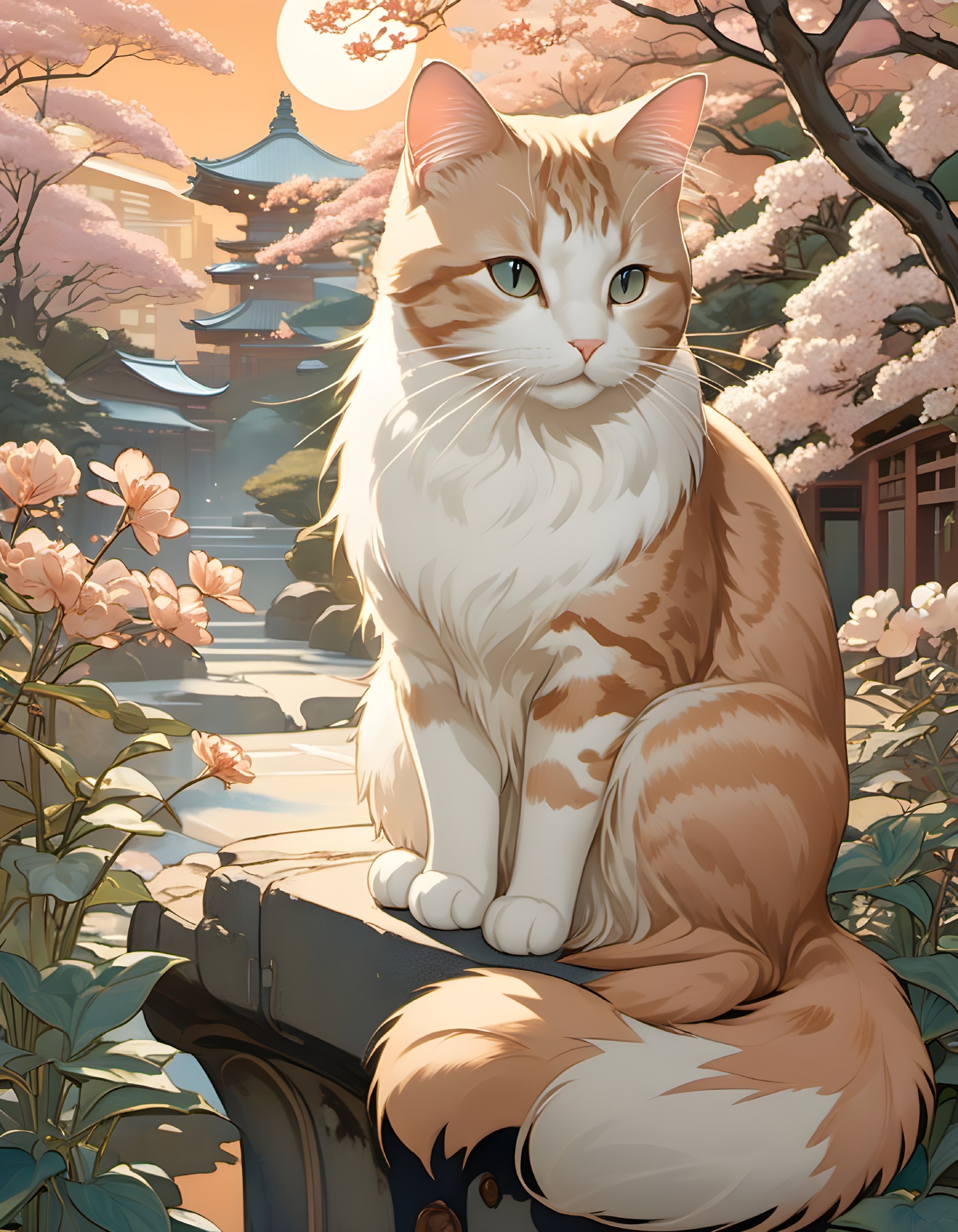 Orange and white cat in serene garden setting with pagoda and sunset.