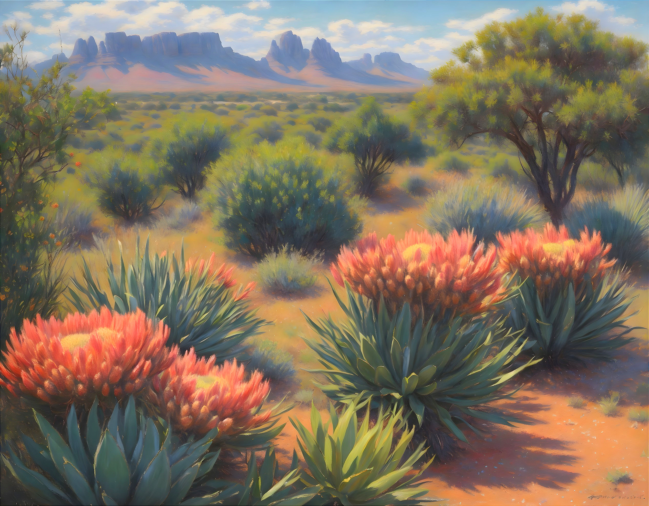 Vibrant Desert Landscape with Colorful Flowers and Mountains