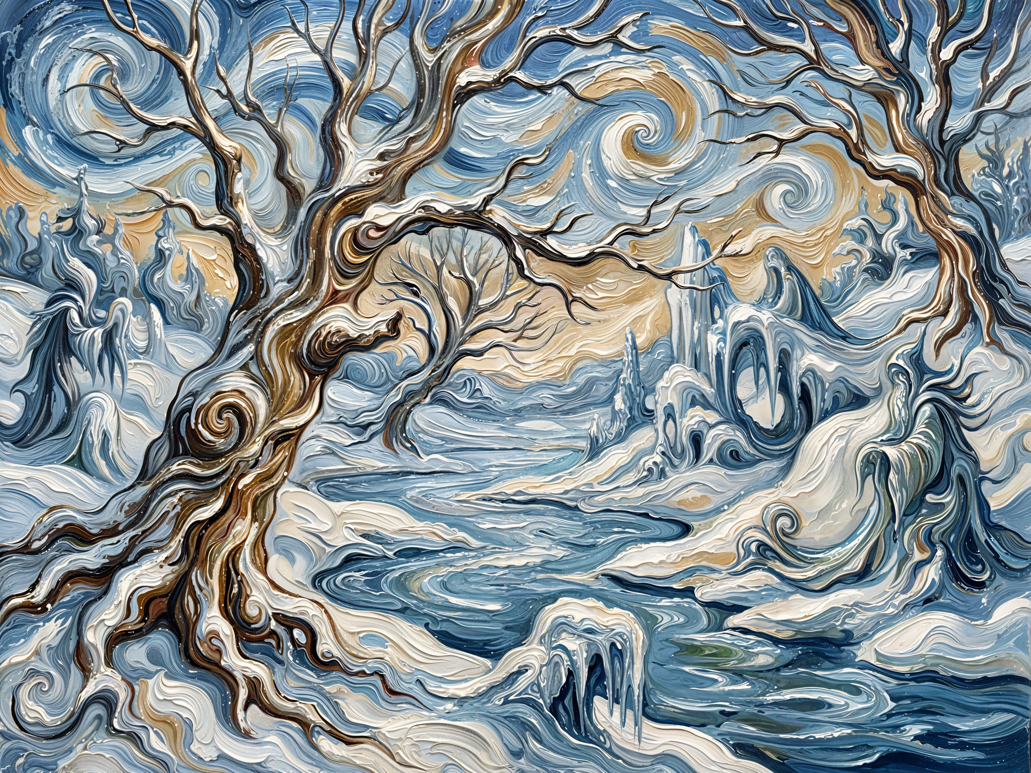 Abstract Winter Landscape with Flowing River