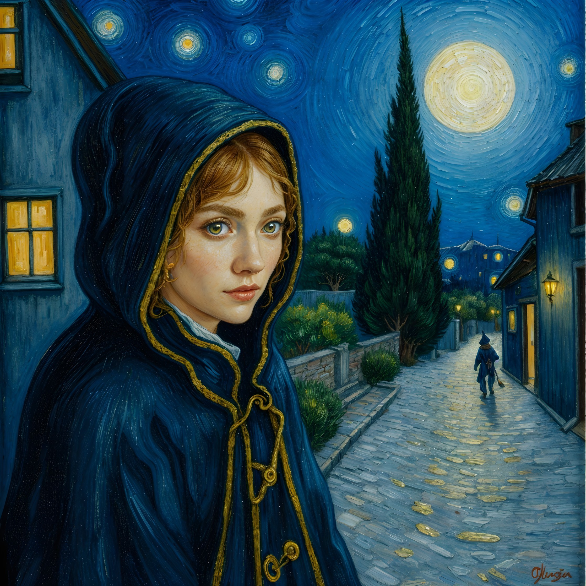 Young girl in hooded cloak on a cobblestone street