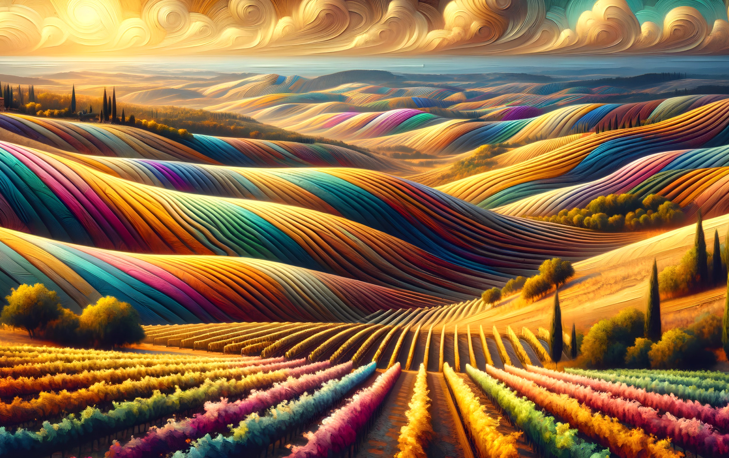 Colorful surreal landscape with rolling hills and whimsical patterns