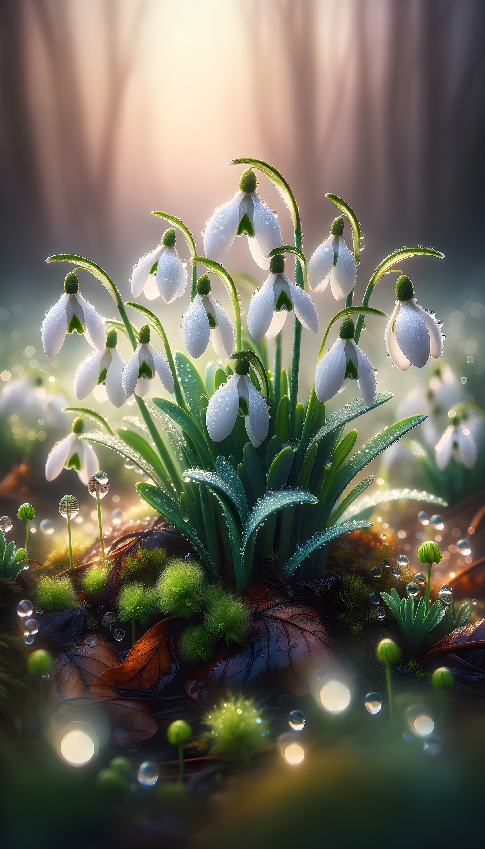 Snowdrop Flowers with Dew in a Forest Setting