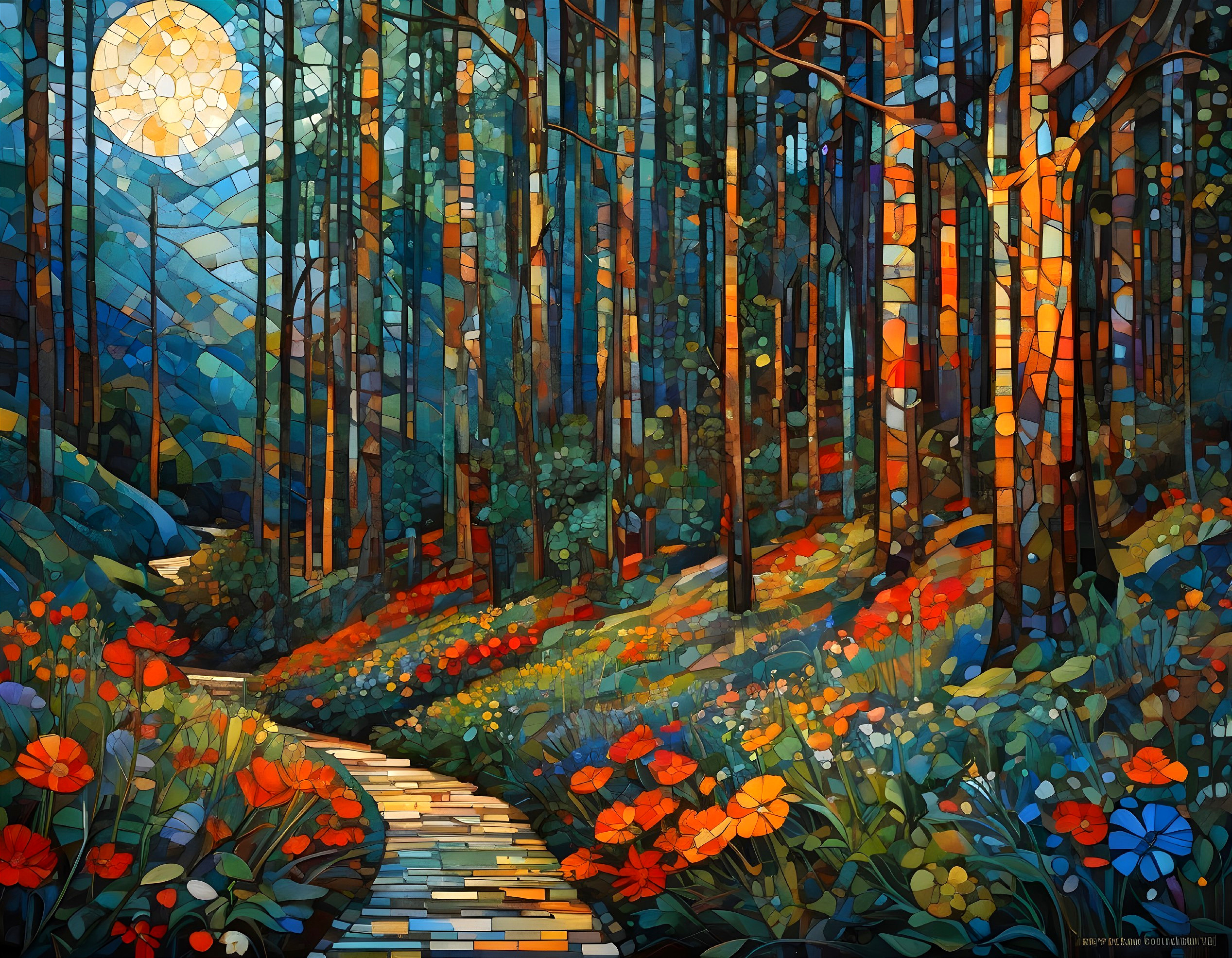Vibrant Mosaic of a Sunlit Forest Path Landscape