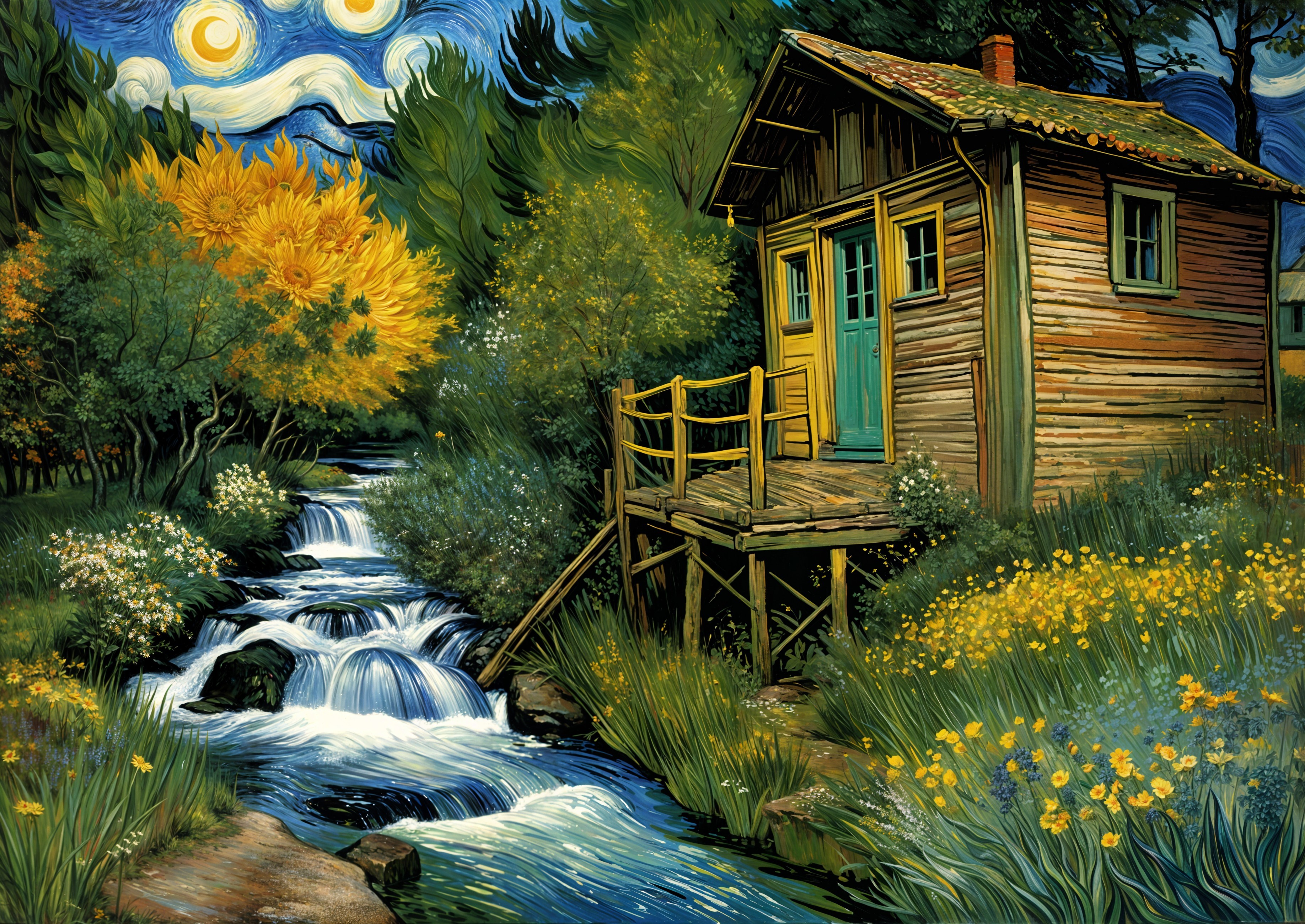Wooden Cabin on Stilts by a Flowing Stream