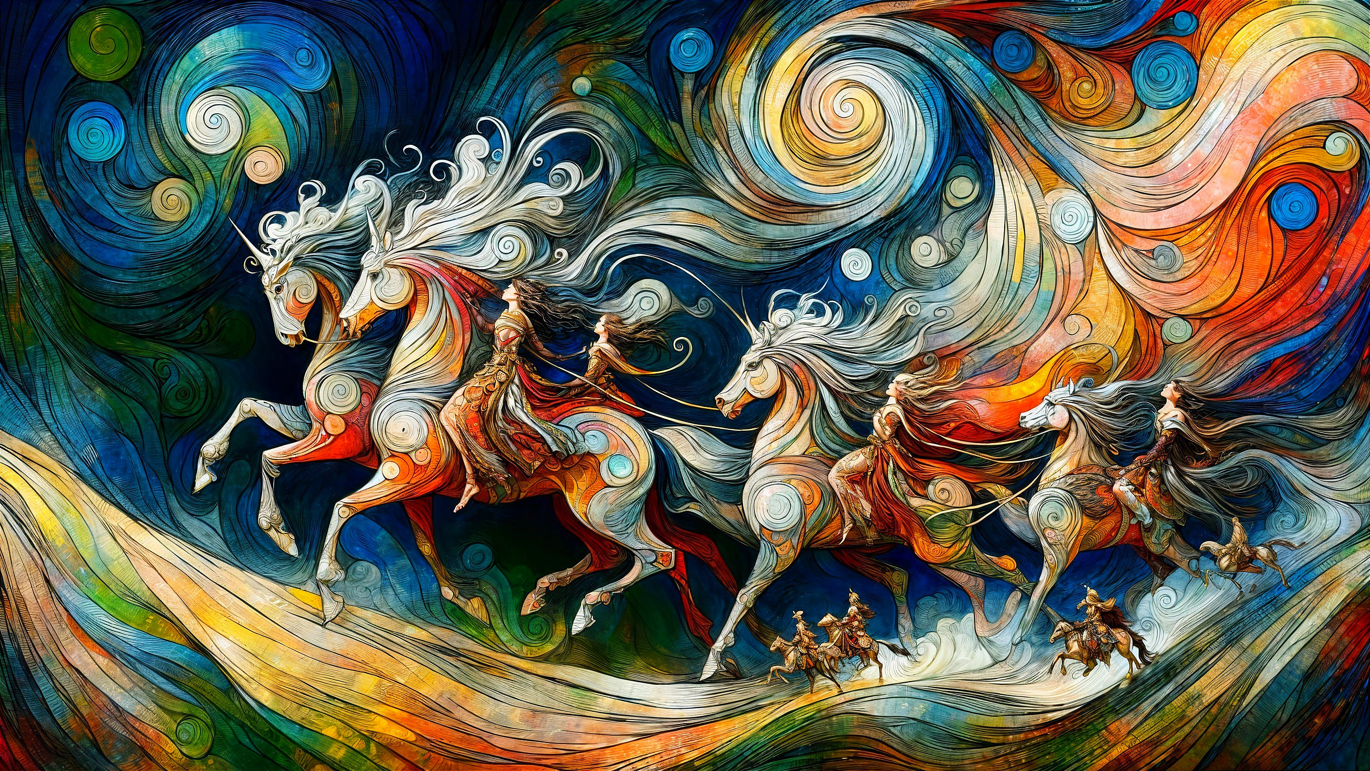 Majestic Horses Galloping in Vibrant Color Swirl