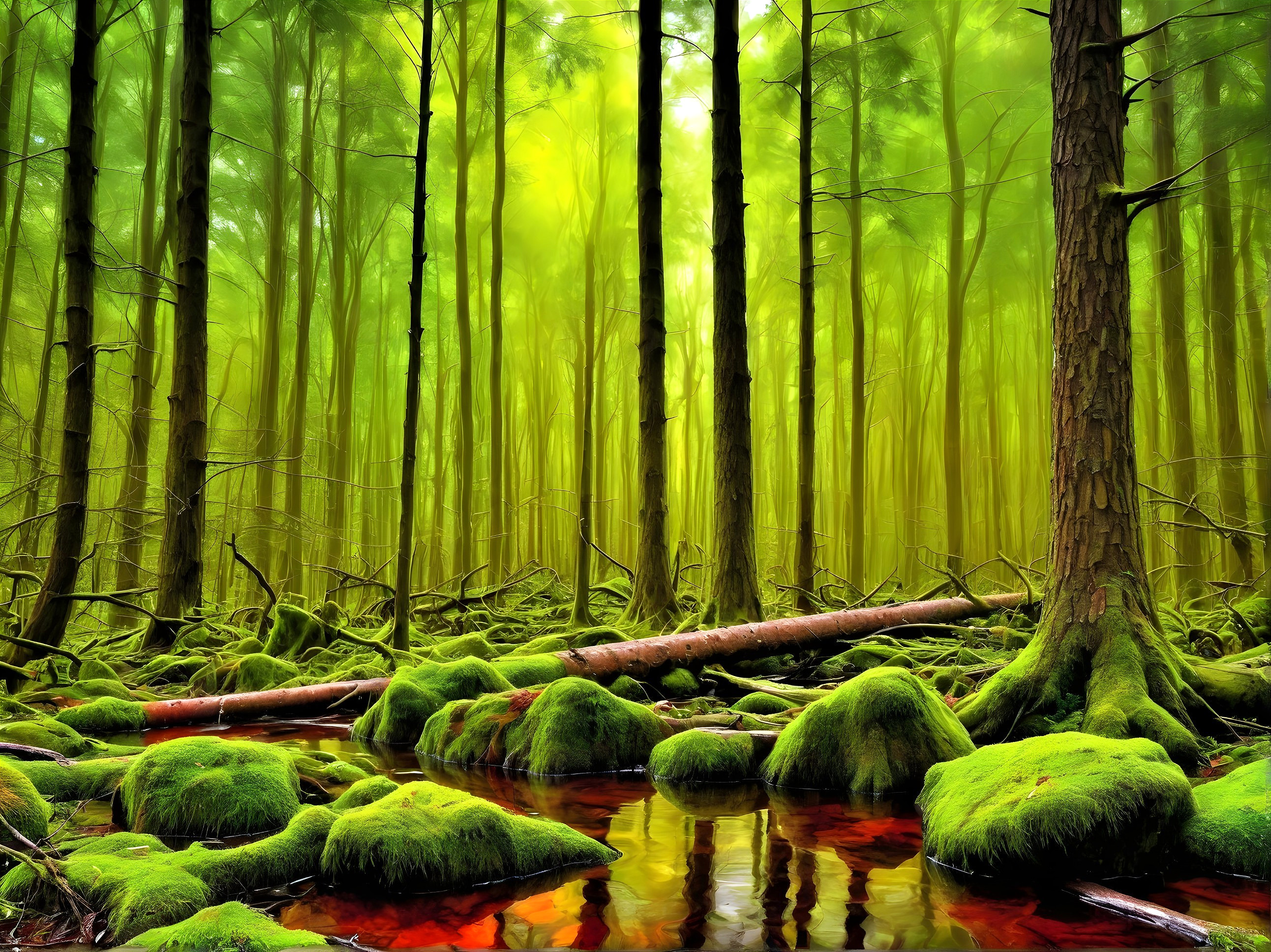 Serene Forest Scene with Trees, Moss, and Stream