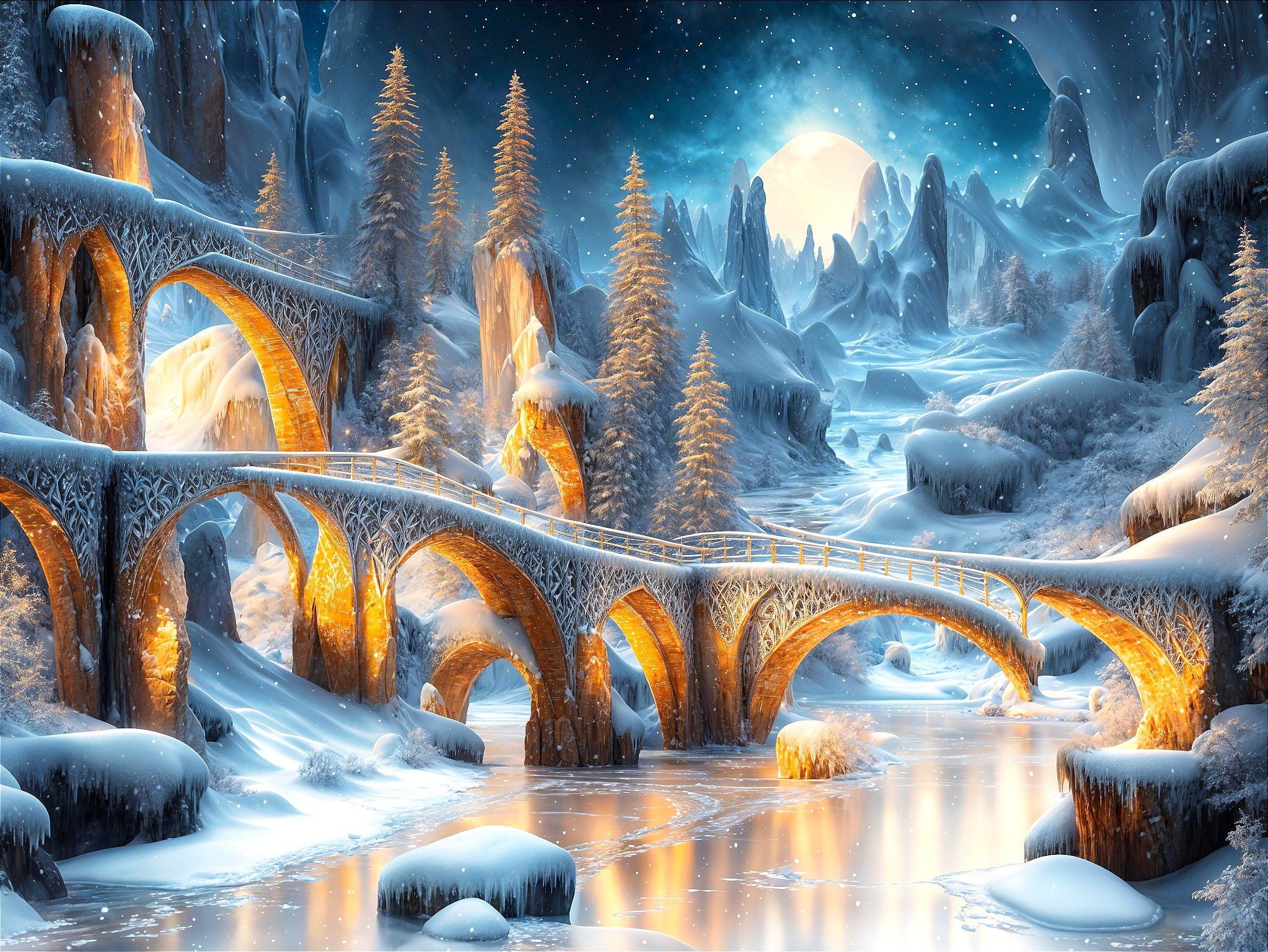 Fantasy Winter Wonderland with Stone Bridges and Snow