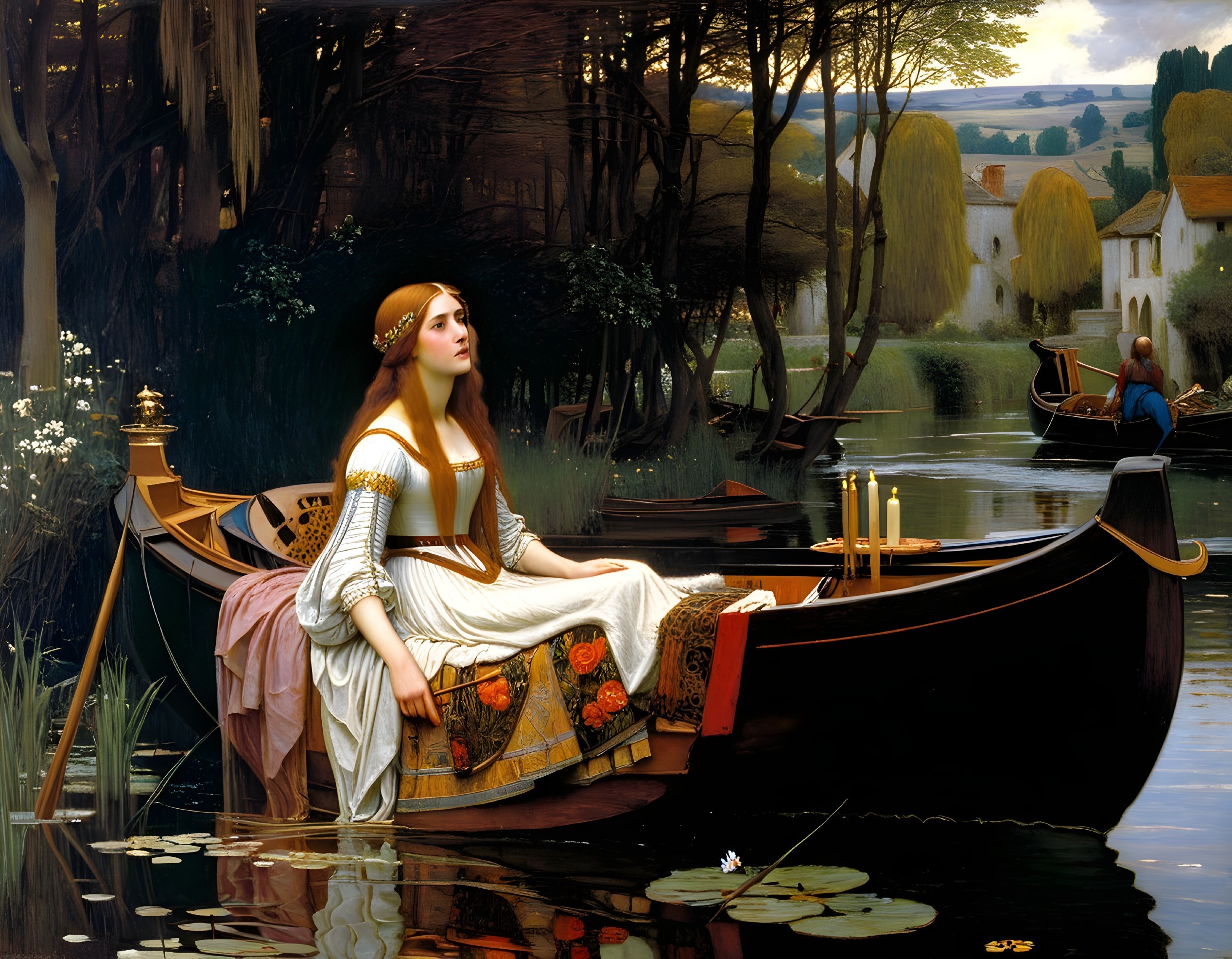 Young Woman in Ornate Boat Amidst Lush Greenery