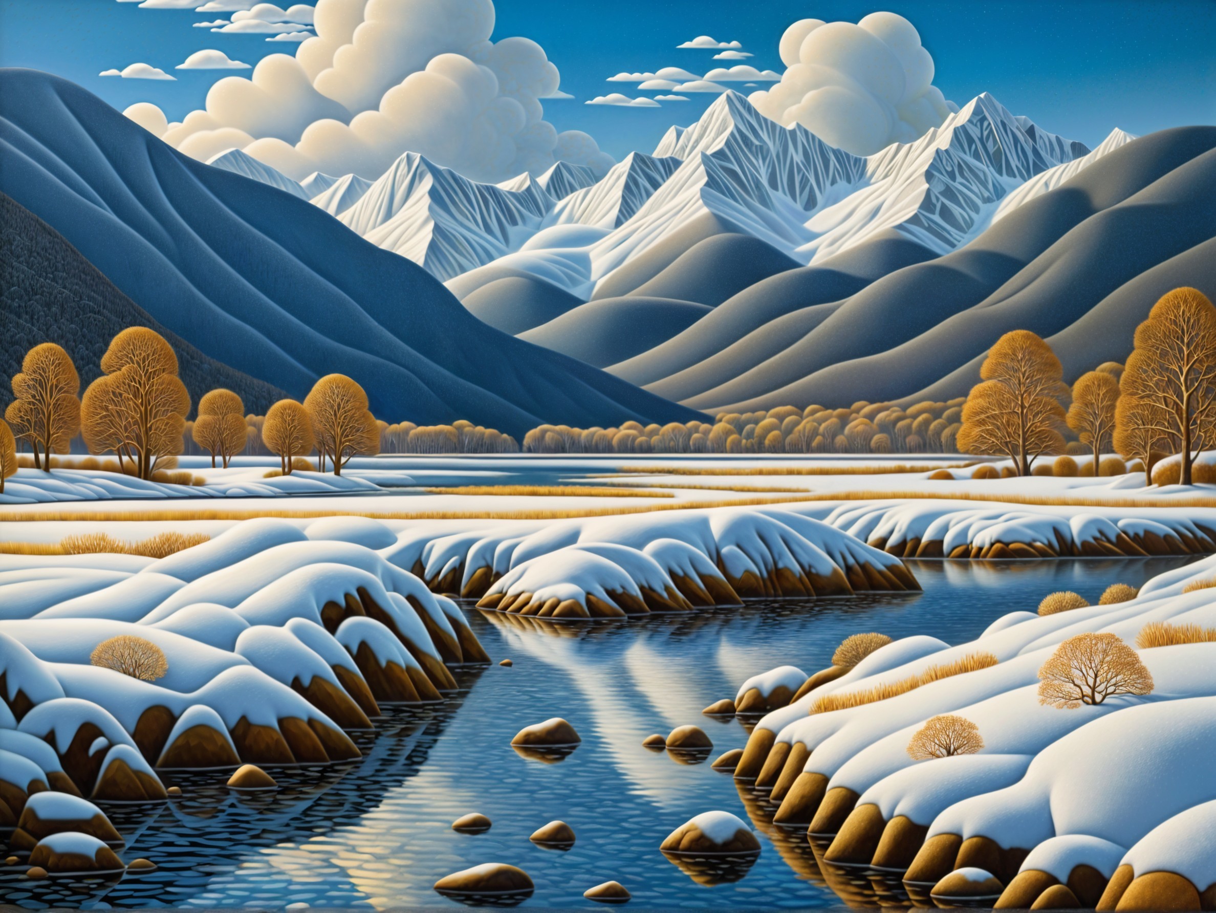 Serene Winter Landscape with River and Snowy Mountains
