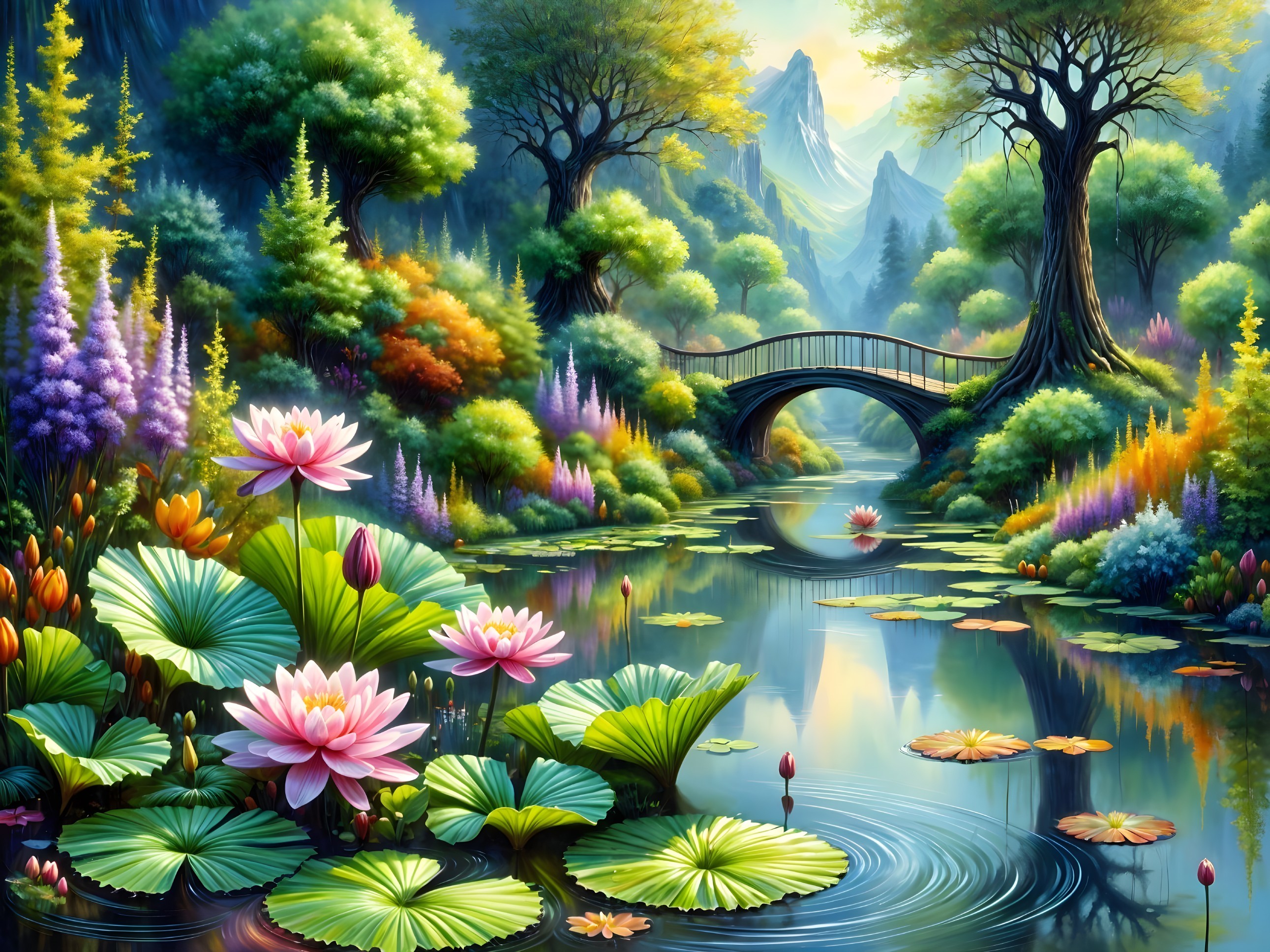 Tranquil Pond Landscape with Stone Bridge and Mountains