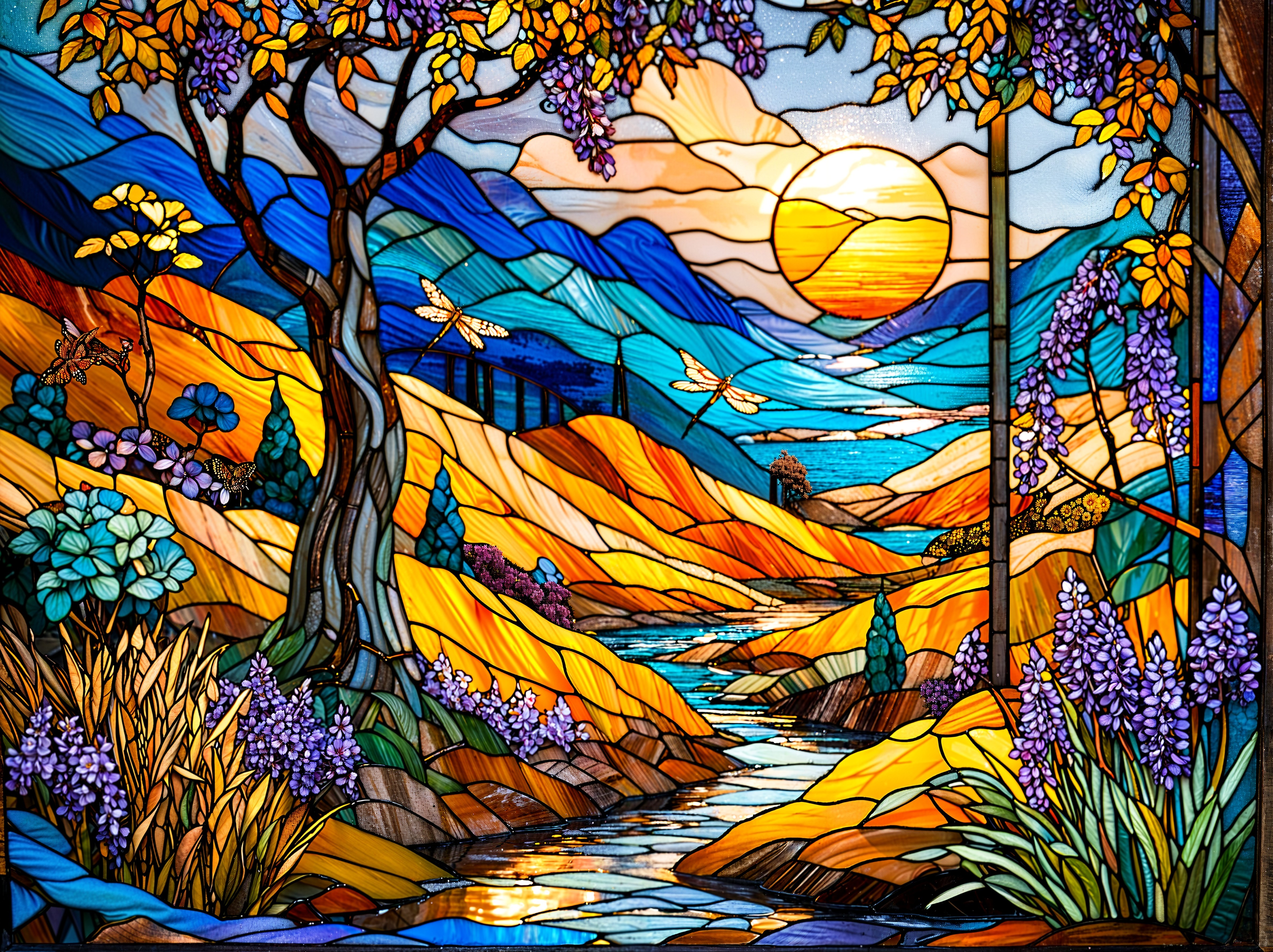 Vibrant Stained Glass Landscape with Mountains and Stream