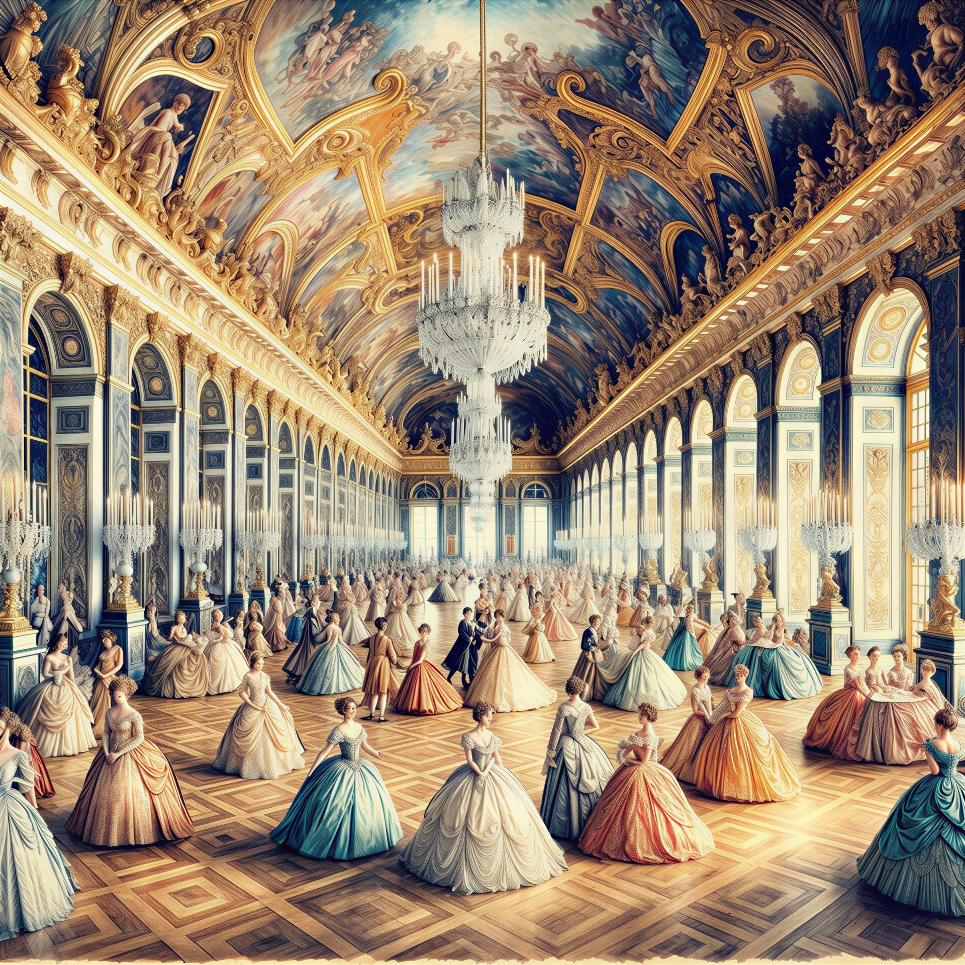 Opulent ballroom with elegant dancers and chandeliers