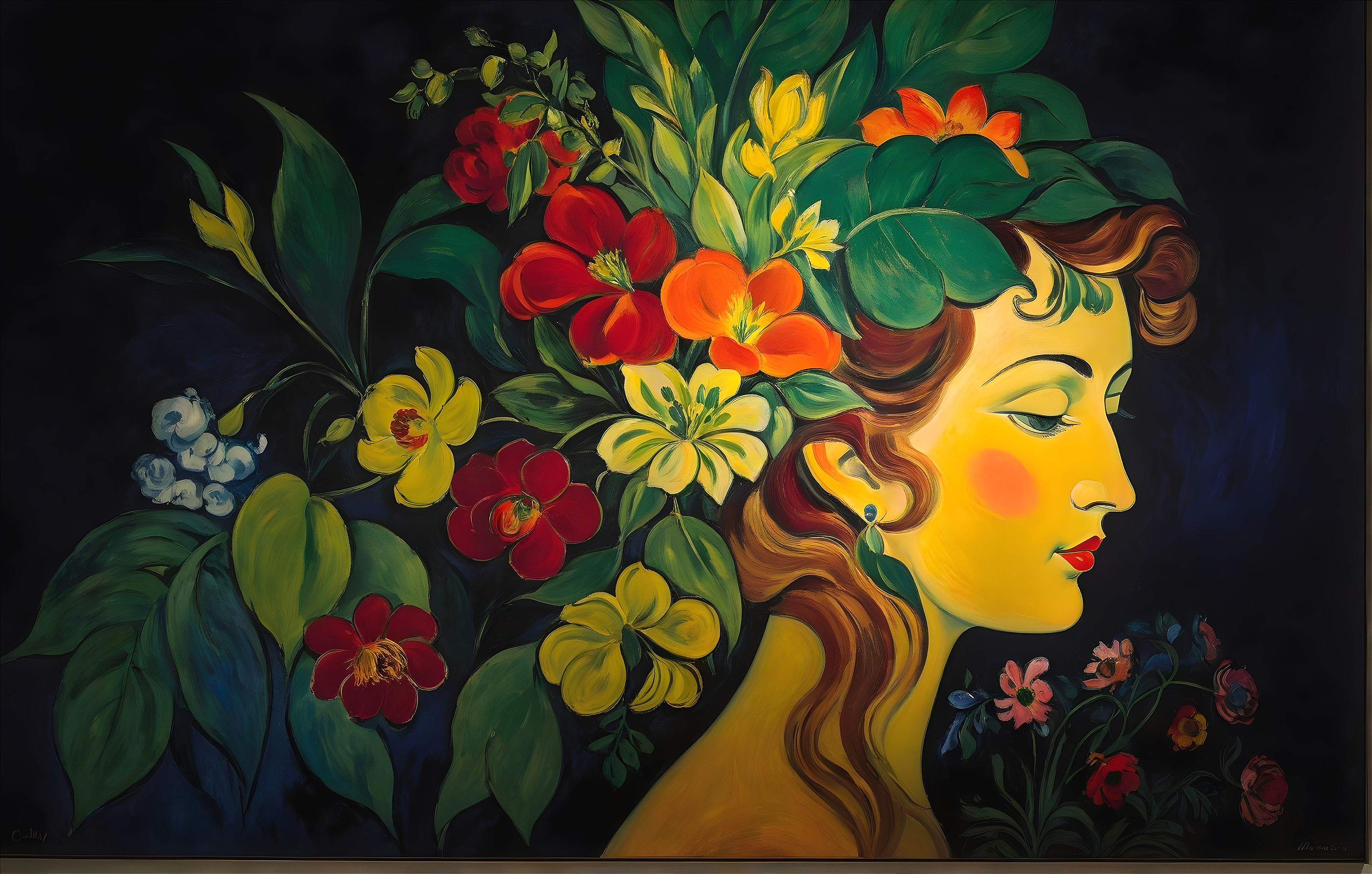 Vibrant Woman's Profile with Colorful Floral Elements