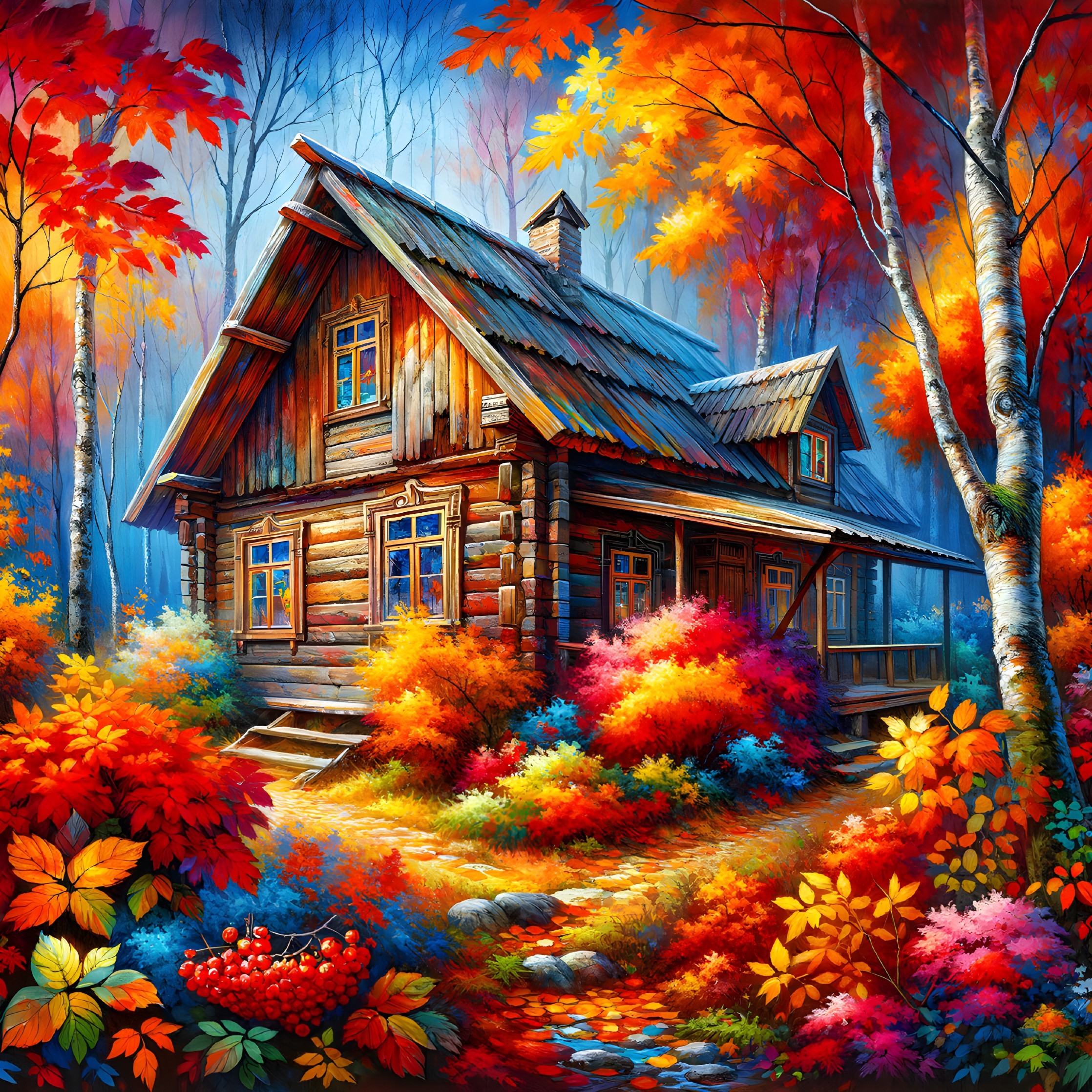 Wooden cabin amidst vibrant autumn foliage and flowers