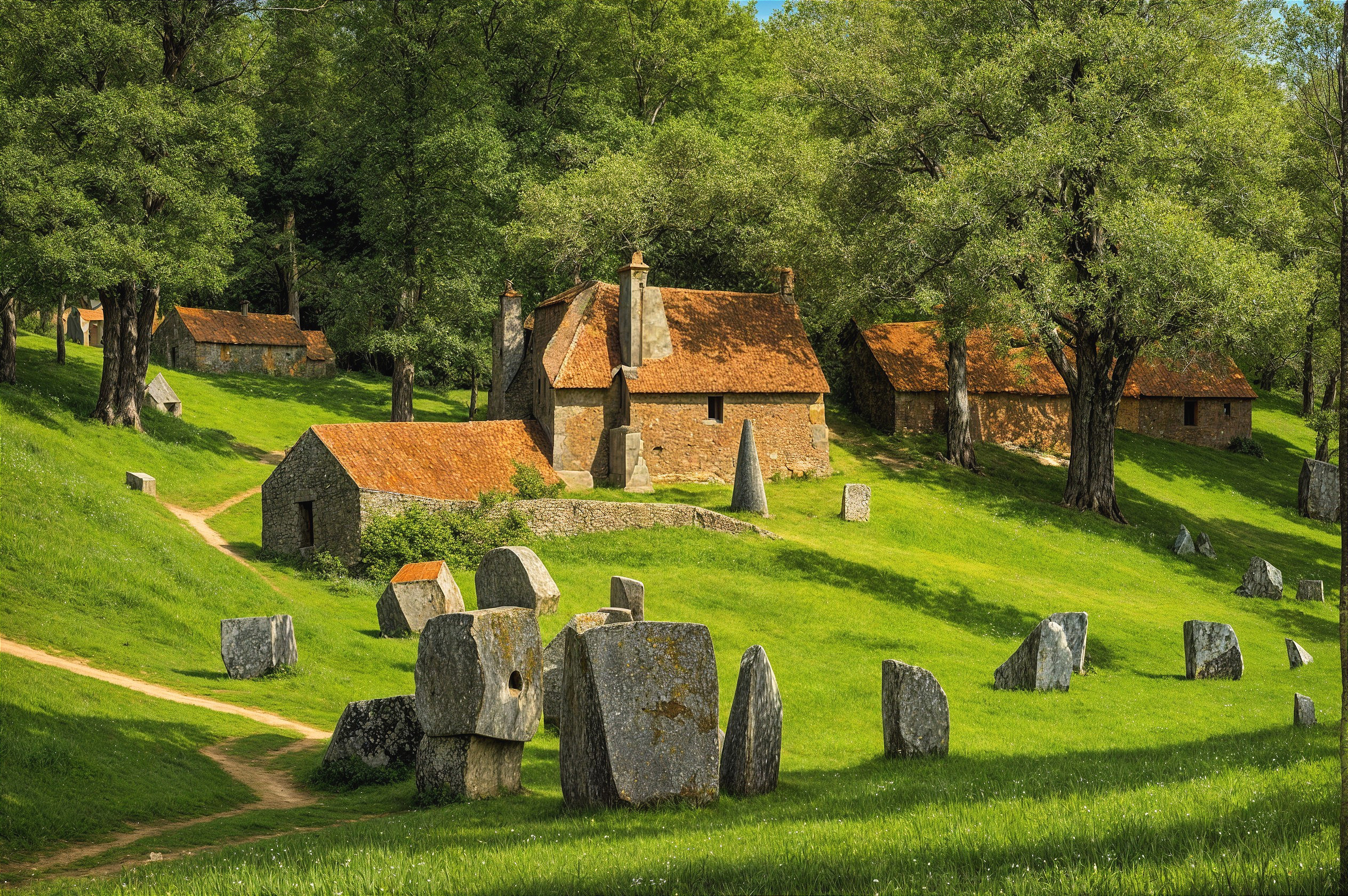 Lush Green Fields and Quaint Cottages in Nature
