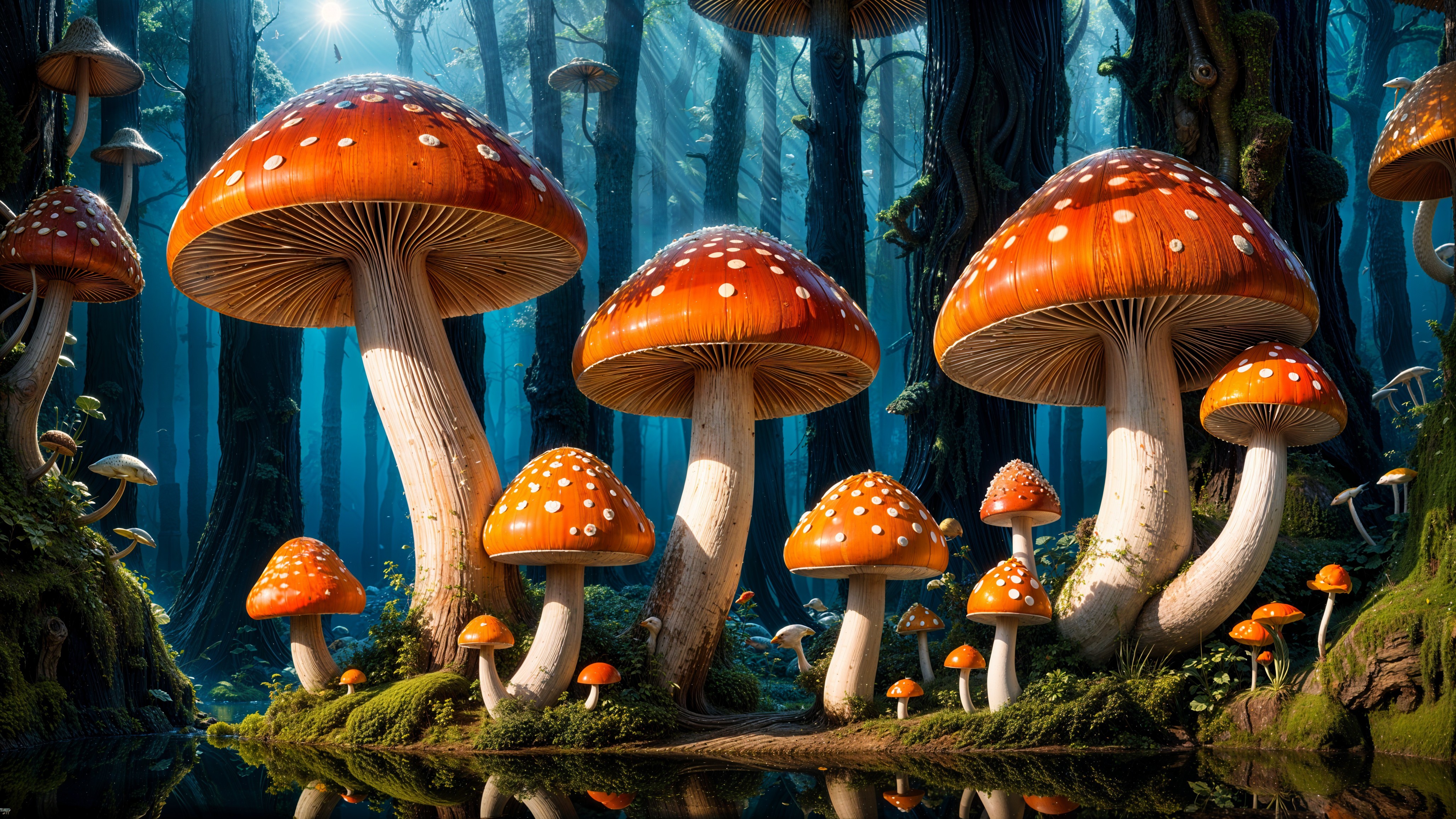 Vibrant Red Mushrooms in a Mystical Forest Setting