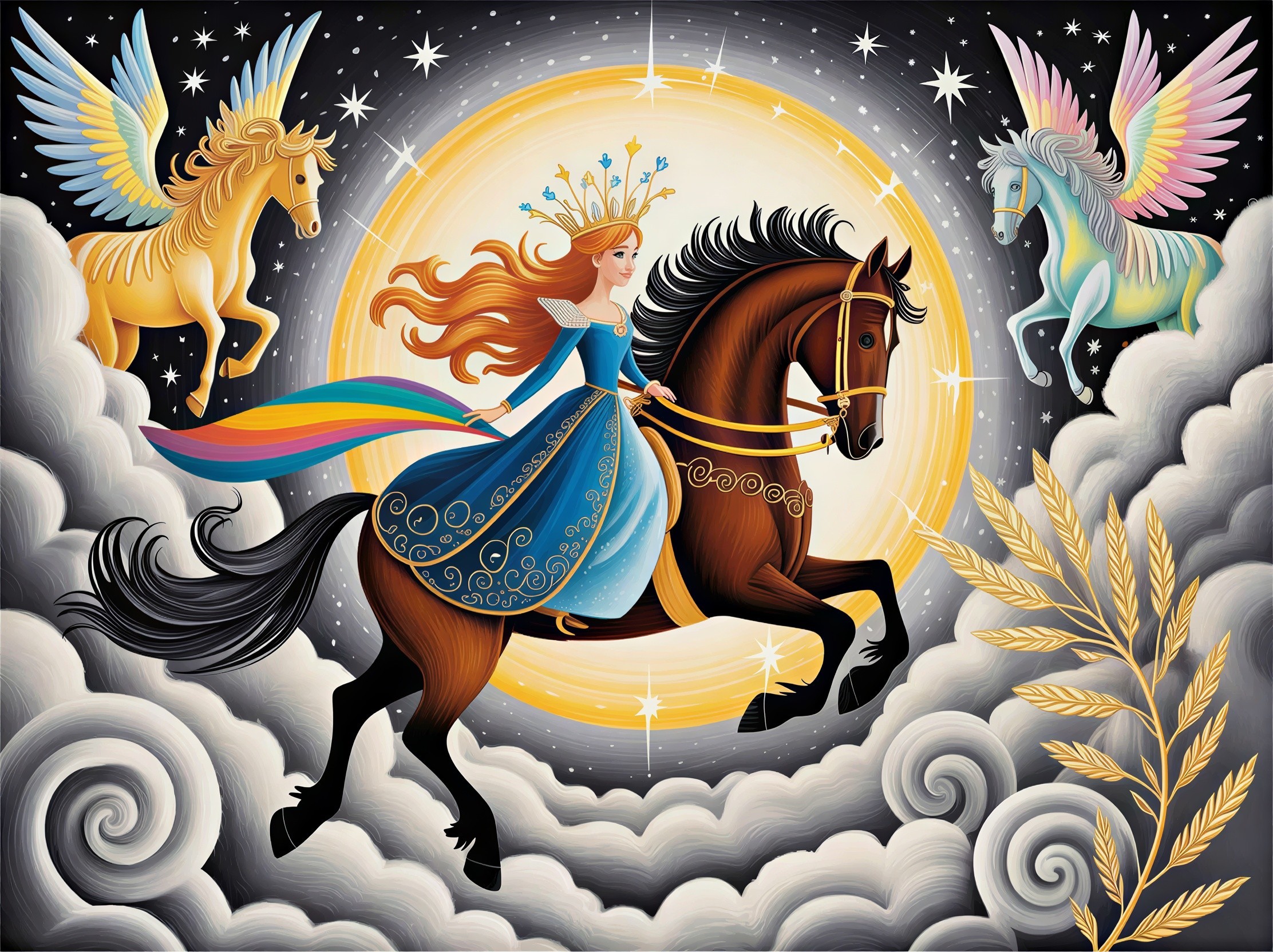 Vibrant digital painting of a princess on a horse