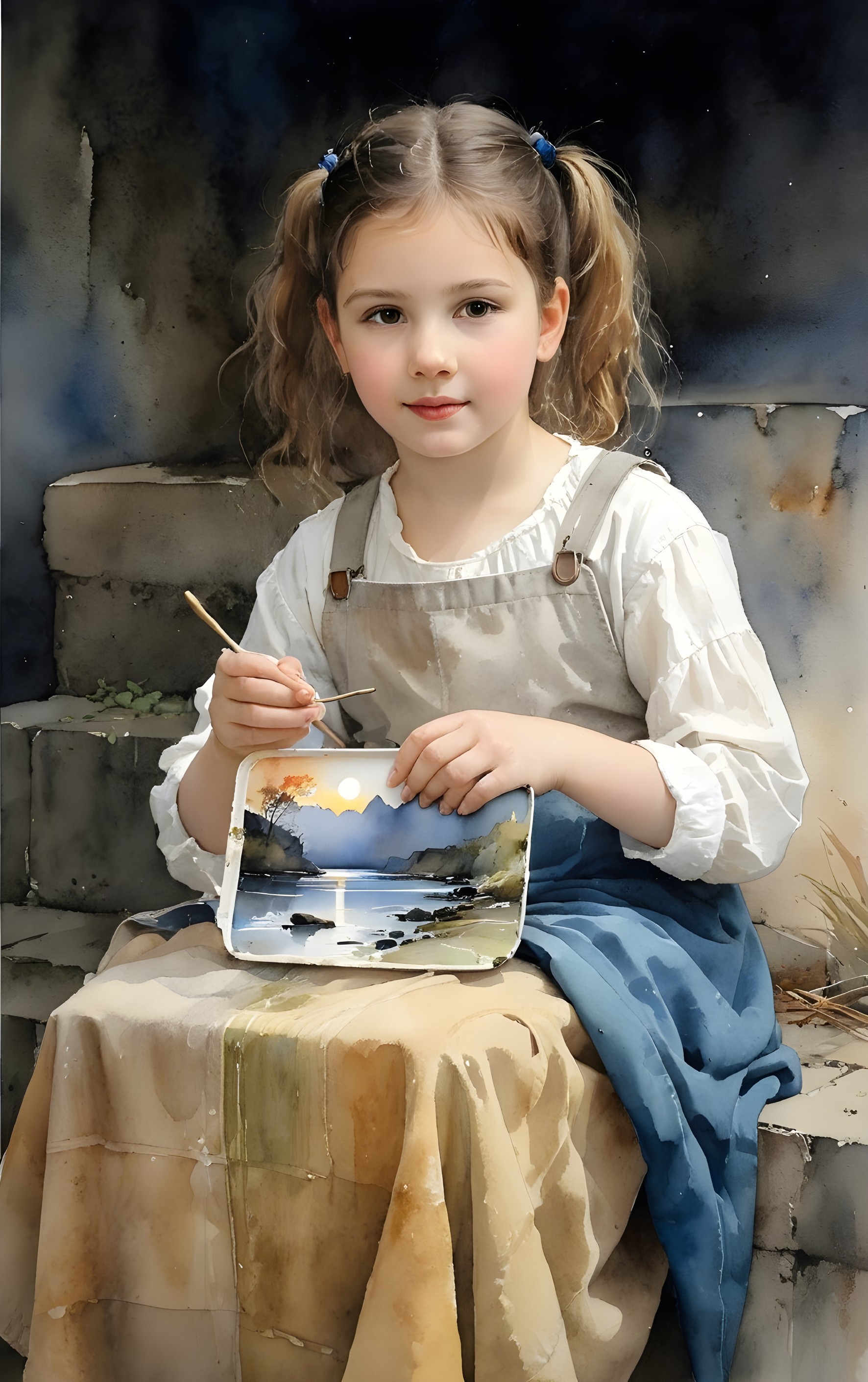 Young girl painting on stone steps with serene vibes