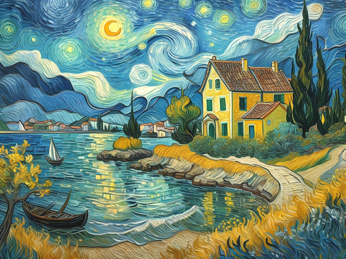 Vibrant Night Landscape with Moon and Yellow House