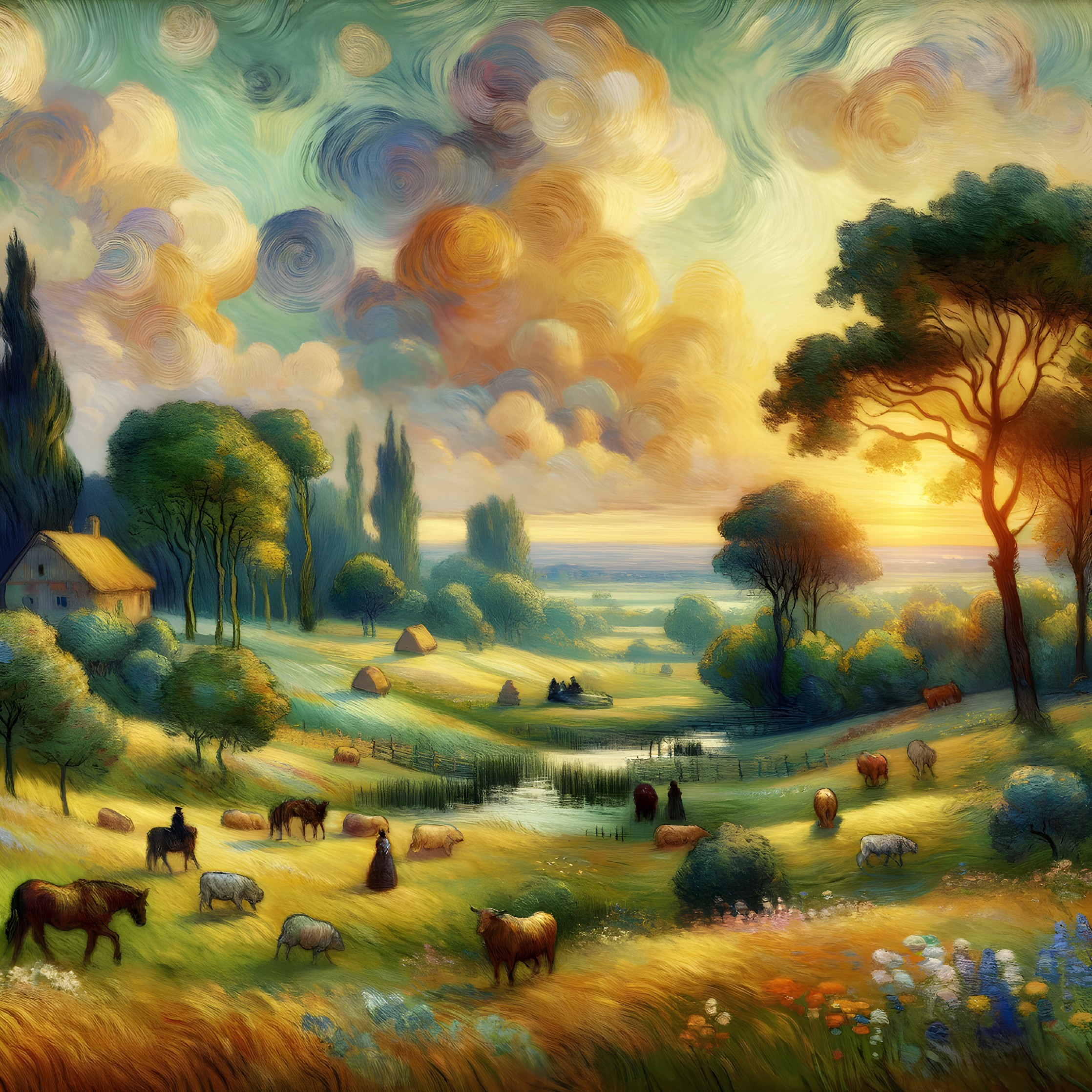 Impressionistic landscape with swirling skies and grazing sheep